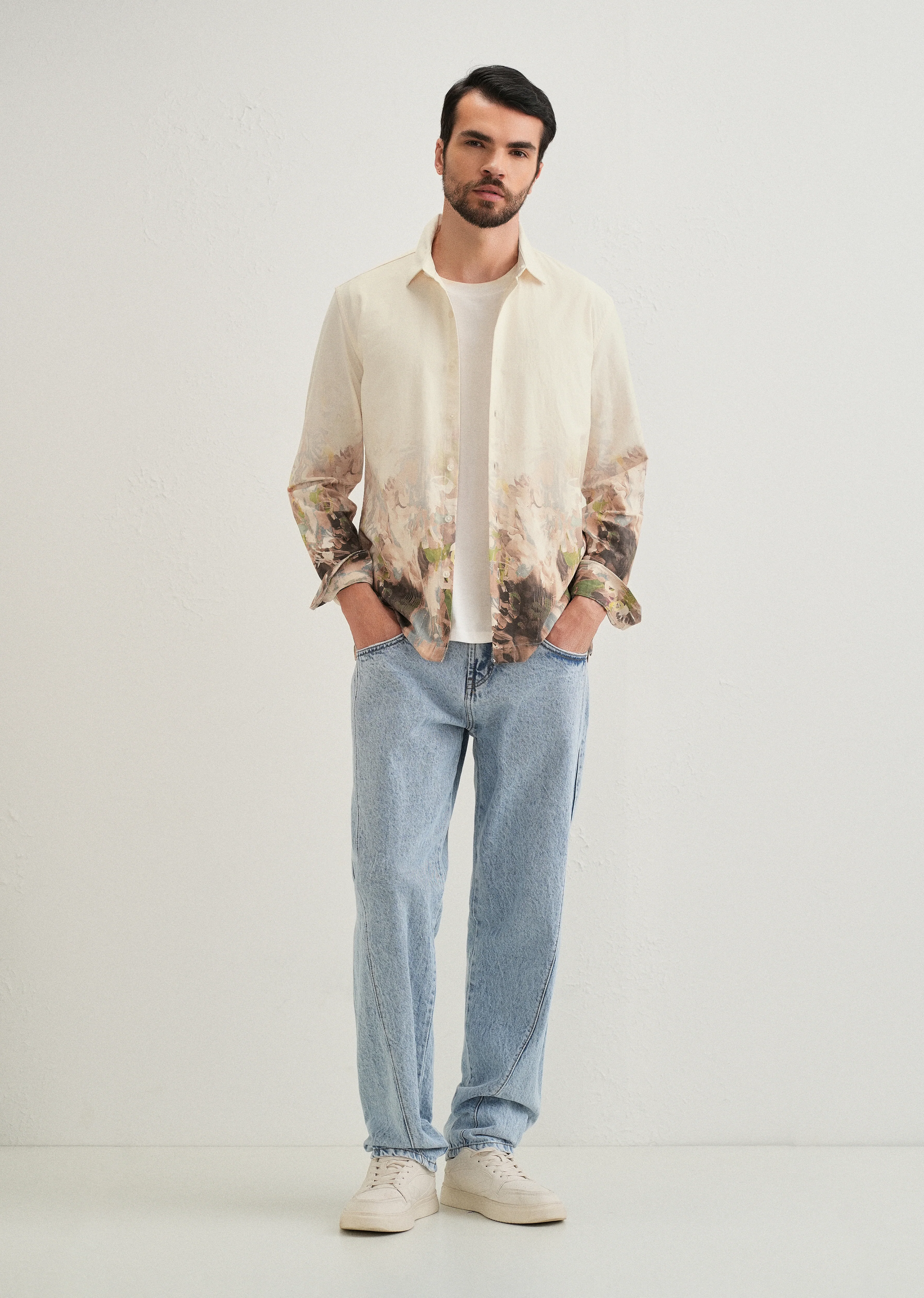 Beige Blue Abstract Printed Shirt - Image 6