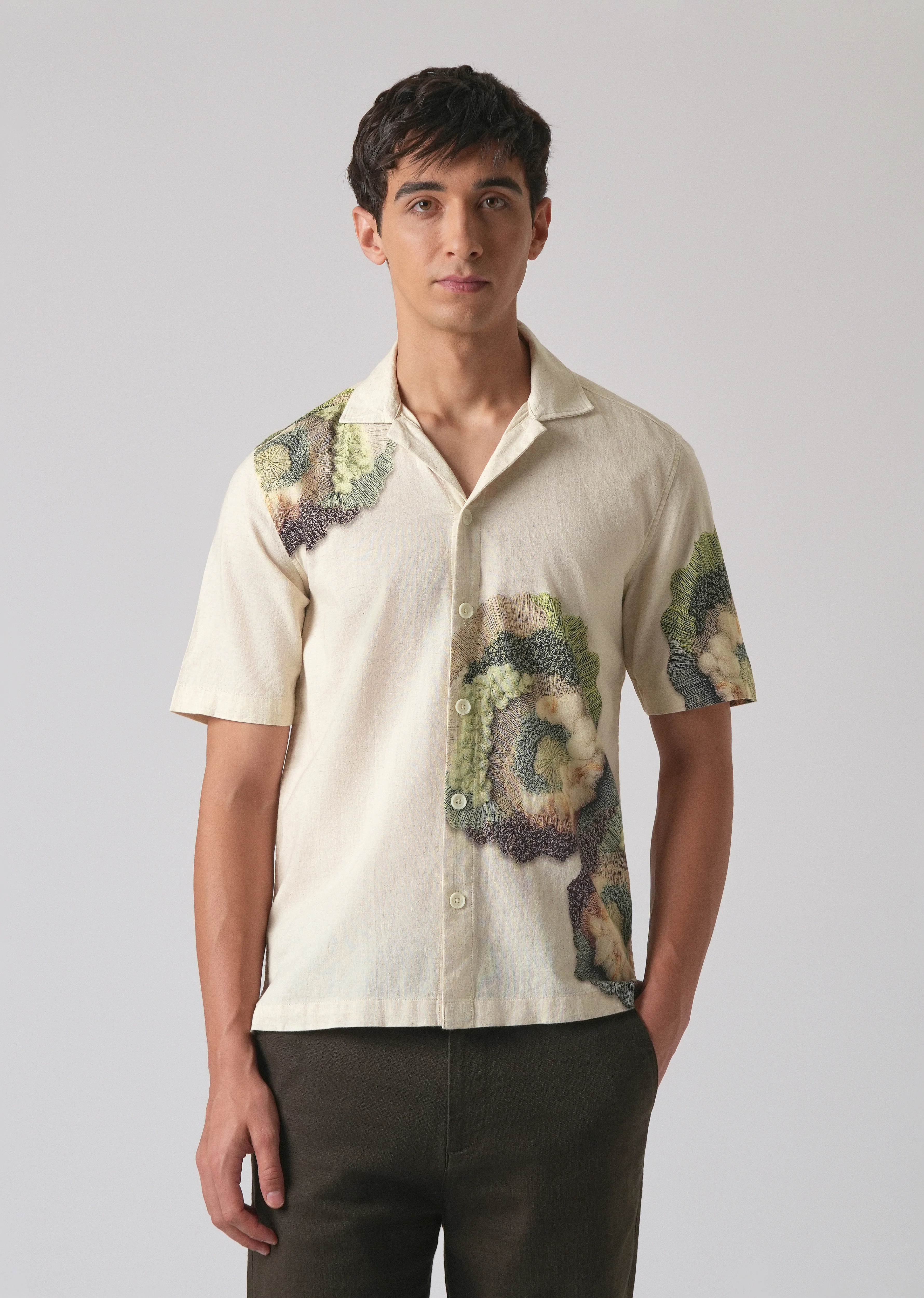Beige Cotton/Linen Coral Print Shirt - Image 3
