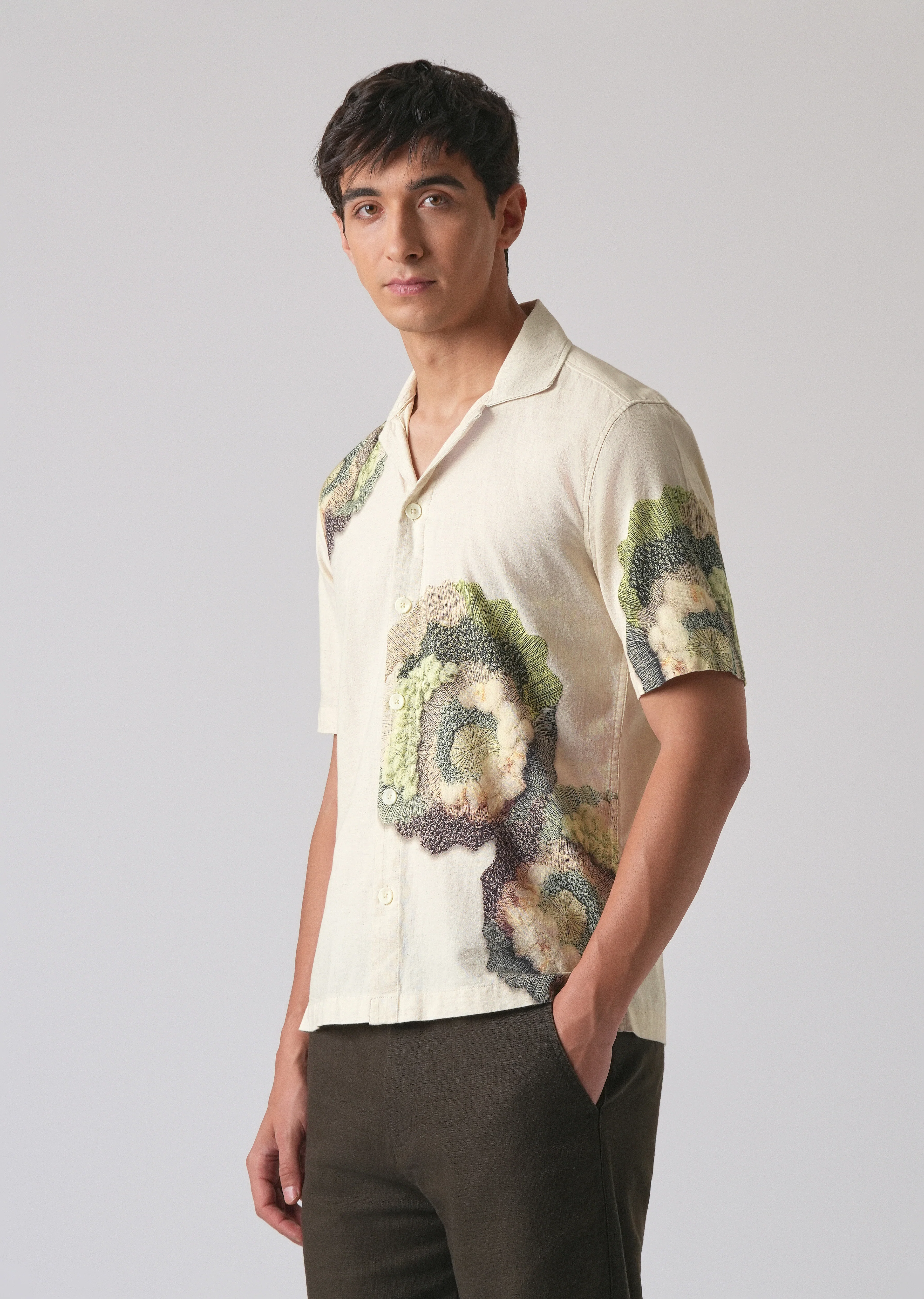 Beige Cotton/Linen Coral Print Shirt - Image 4