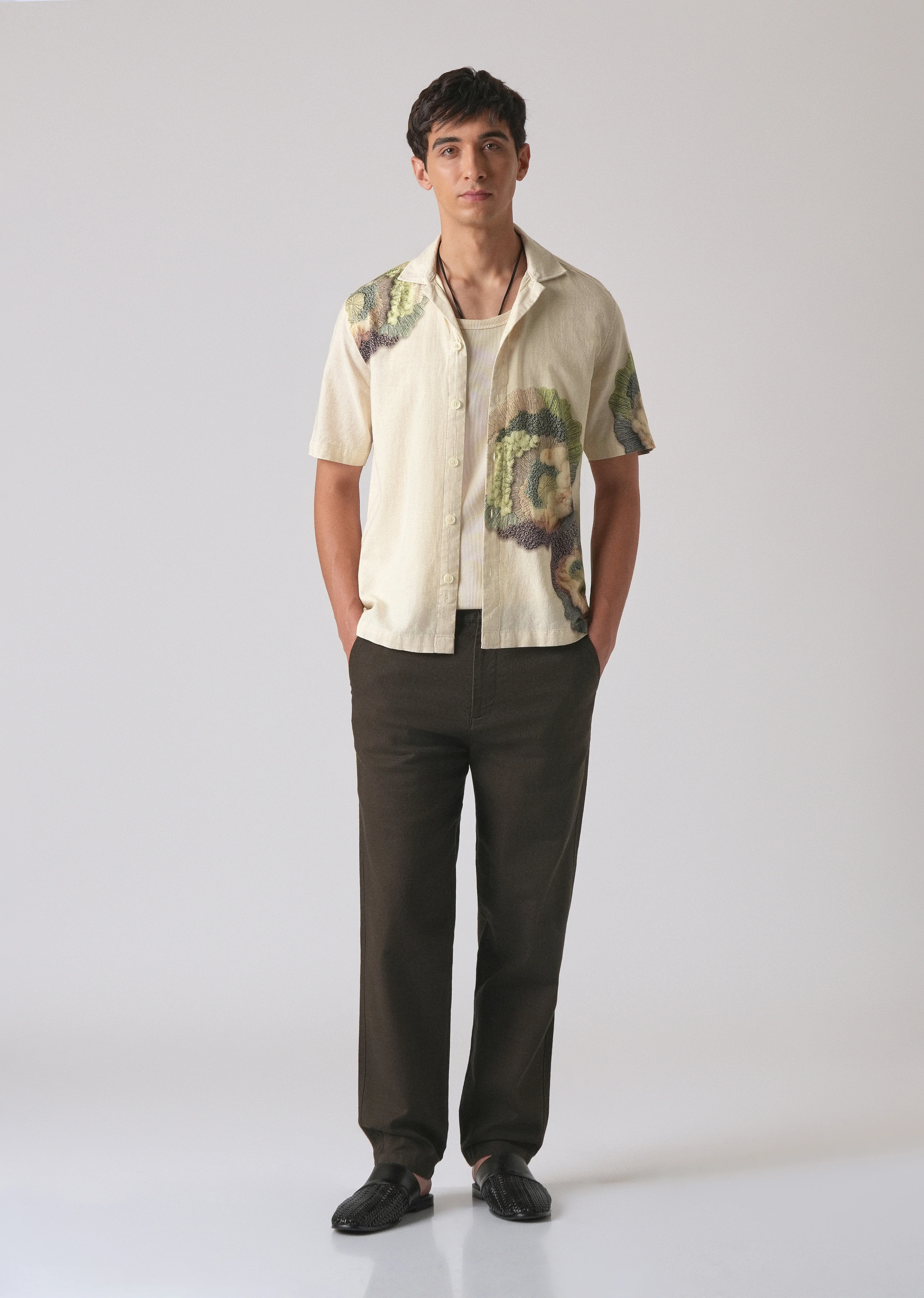 Beige Cotton/Linen Coral Print Shirt - Image 6