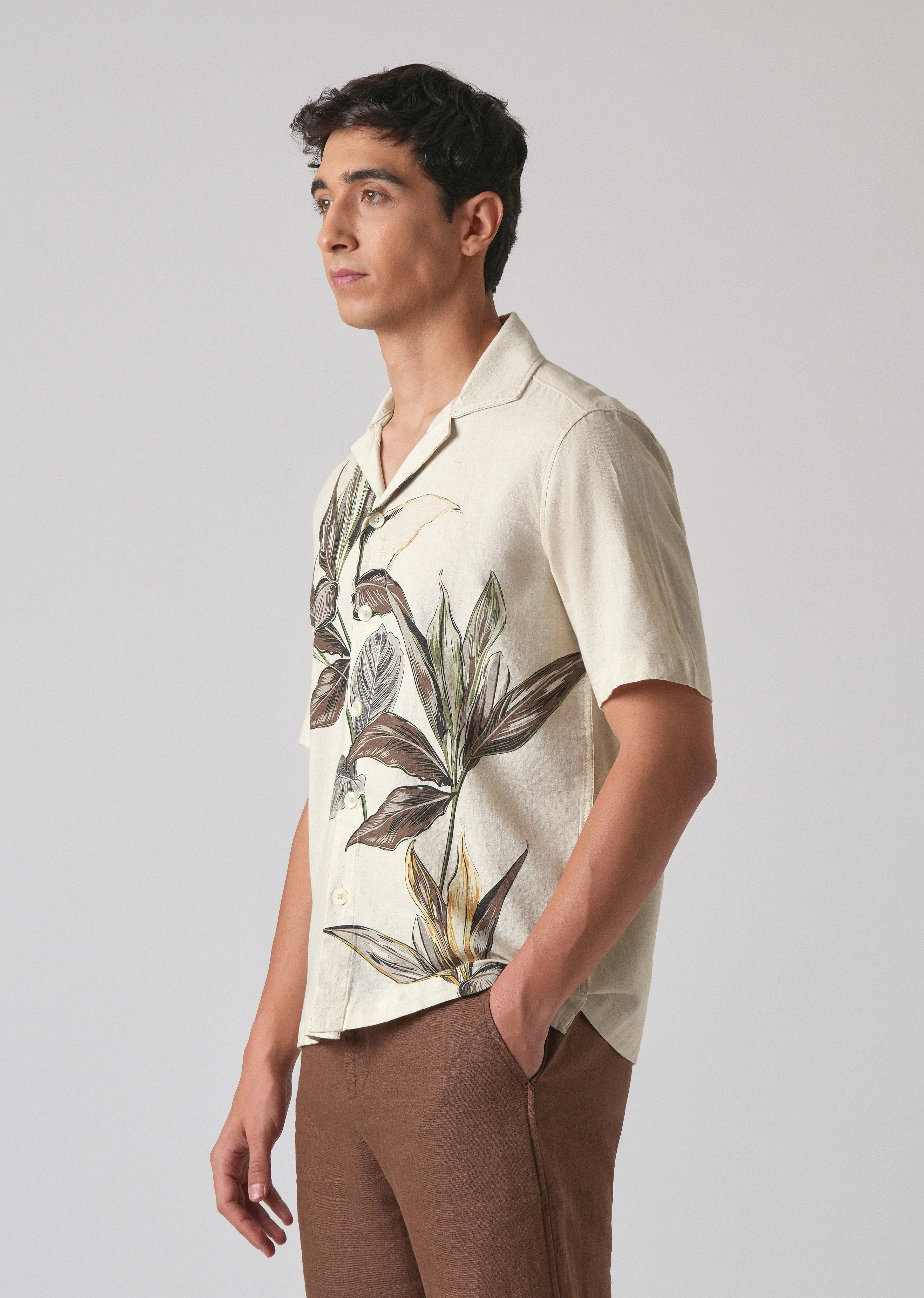 Beige Cotton/Linen Floral Print Shirt - Image 4