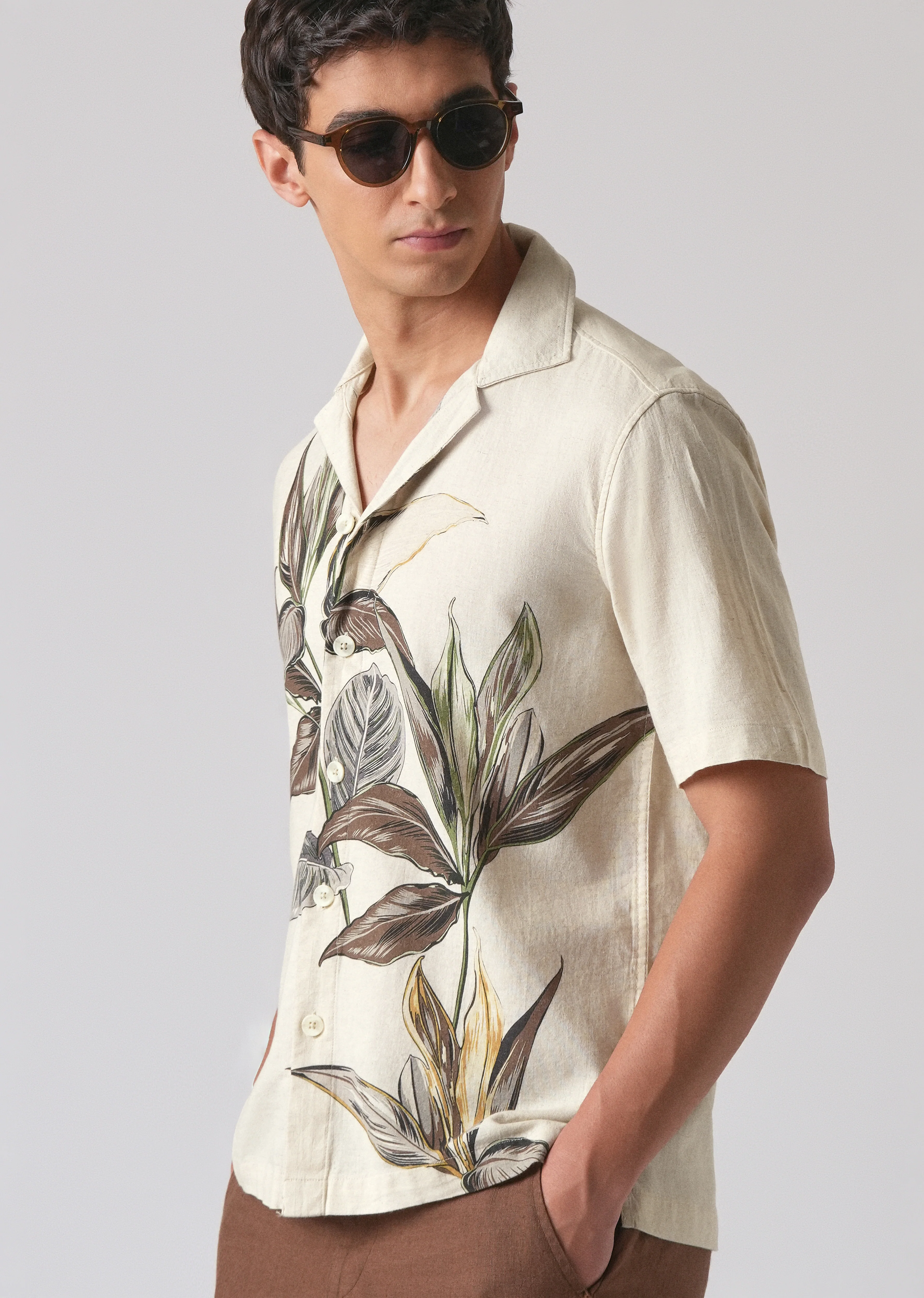 Beige Cotton/Linen Floral Print Shirt - Image 7
