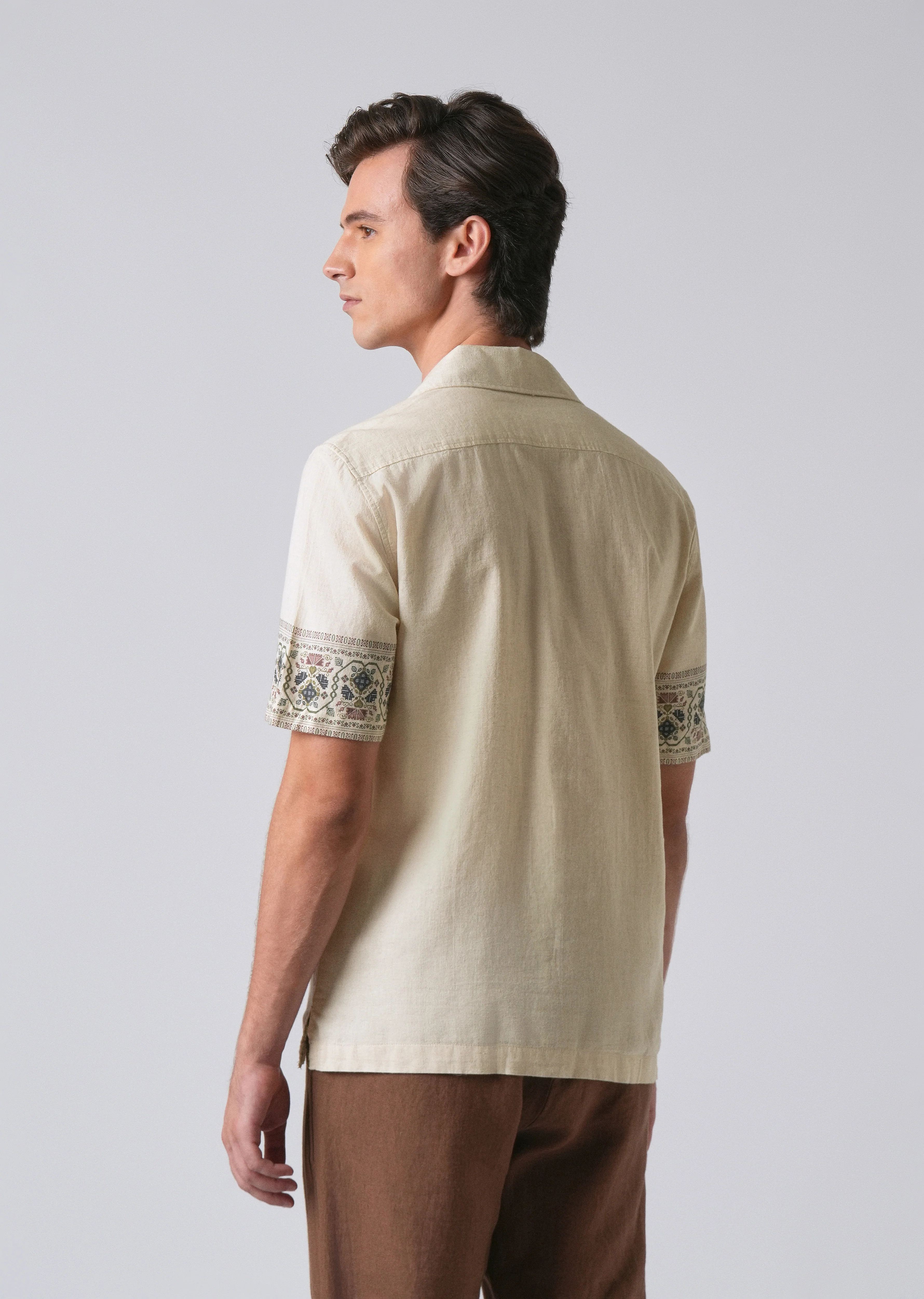 Beige Cotton/Linen Pannel Print Shirt - Image 2