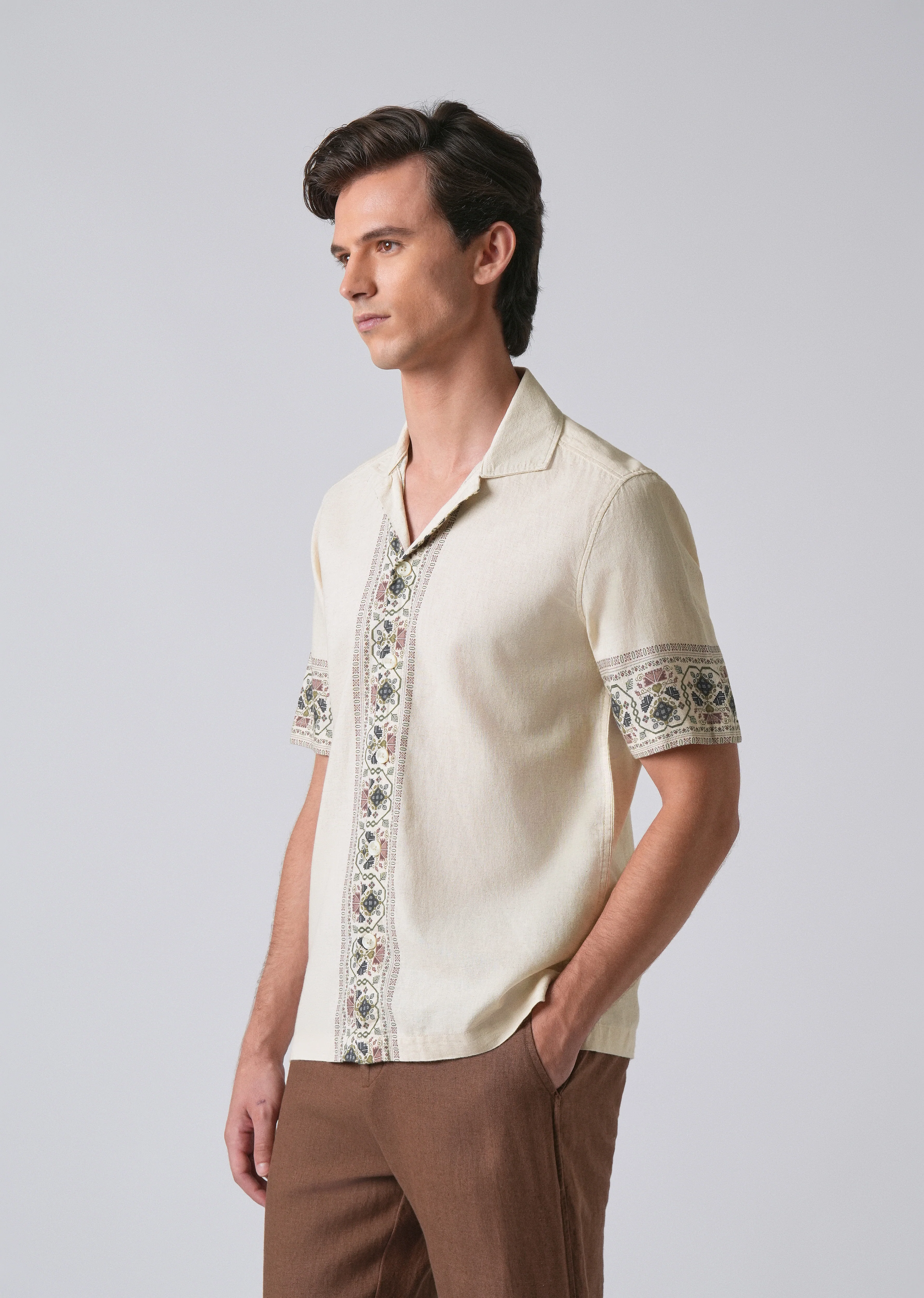 Beige Cotton/Linen Pannel Print Shirt - Image 4