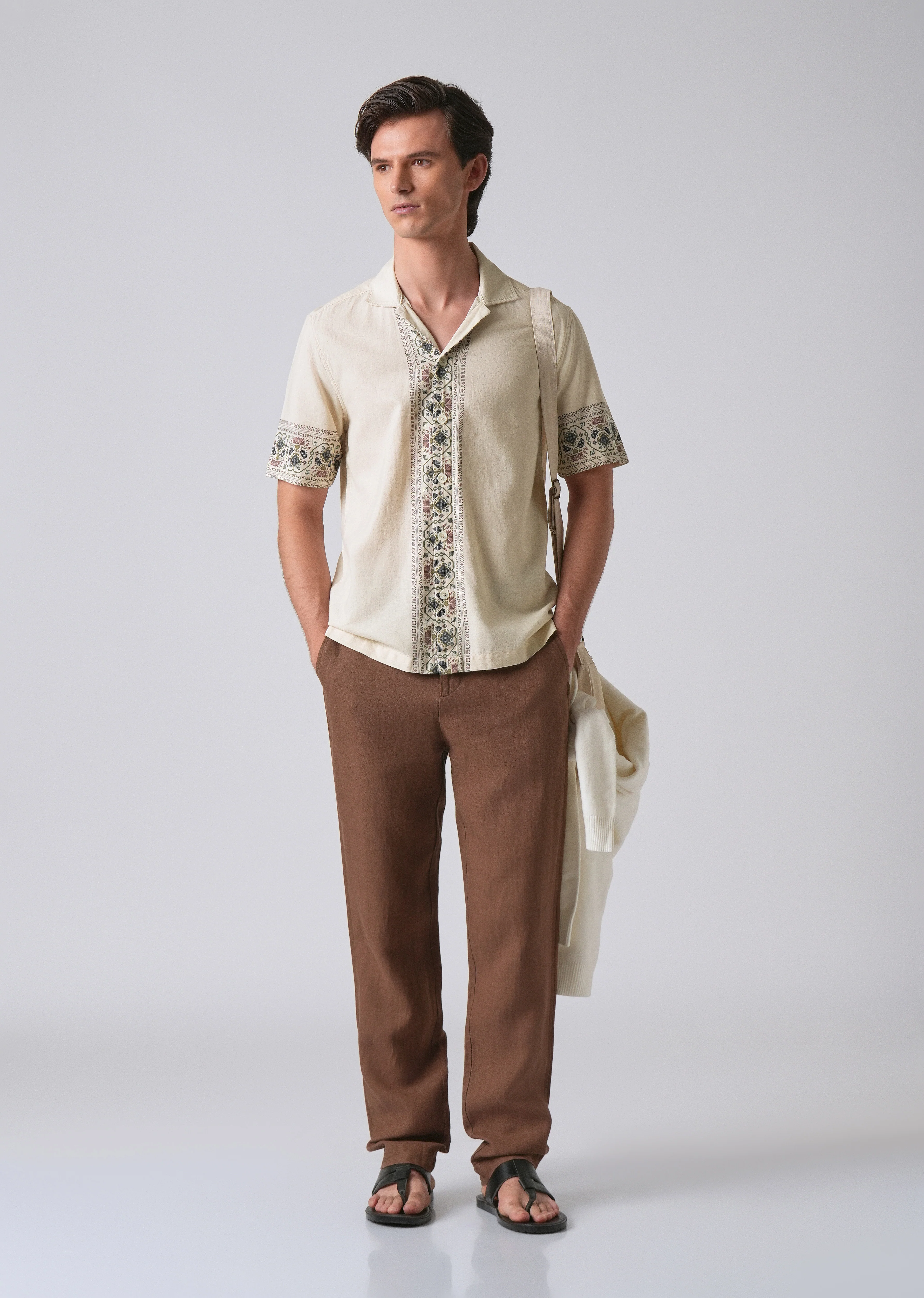 Beige Cotton/Linen Pannel Print Shirt - Image 6