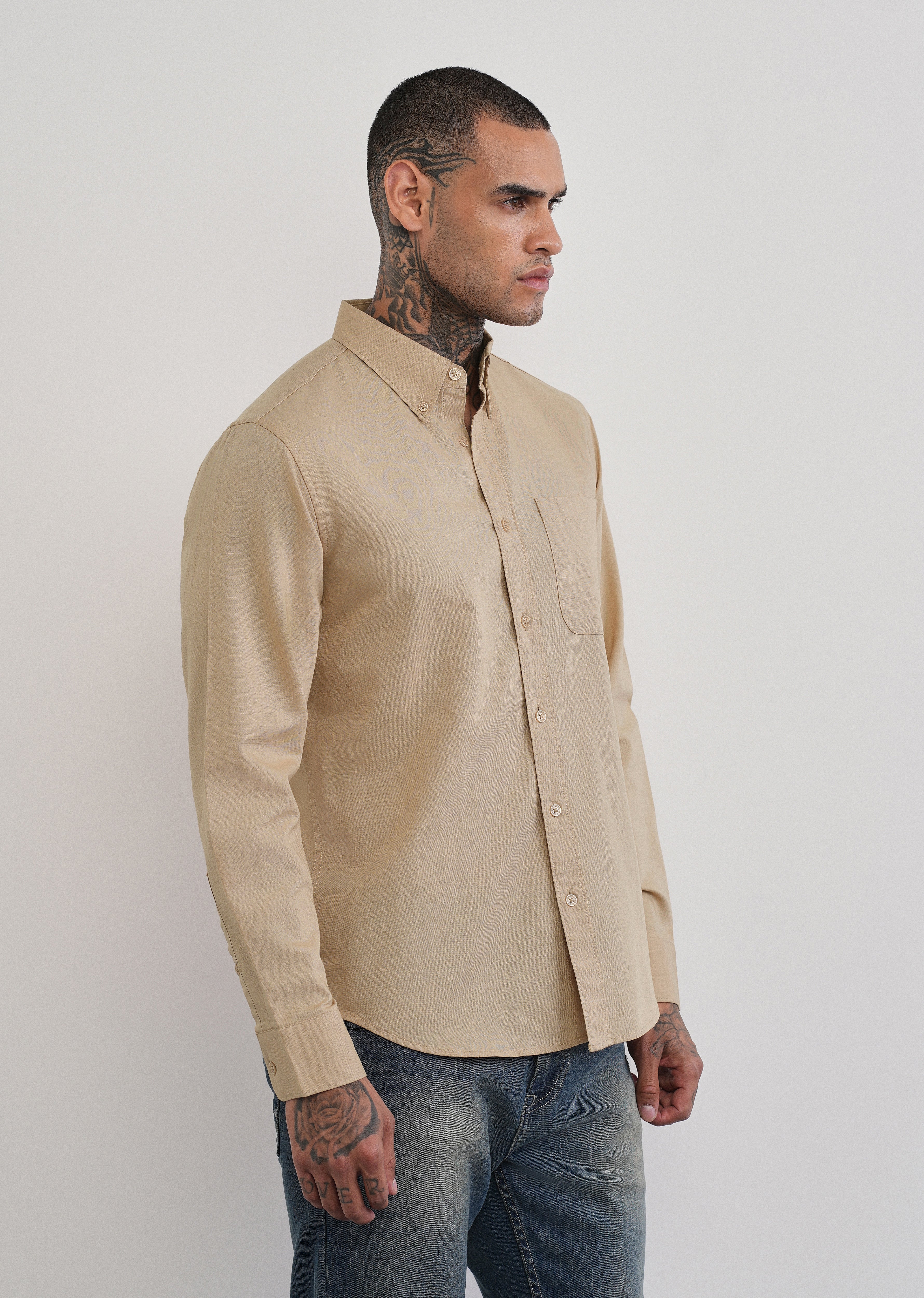 Beige Cotton Linen Plain Shirt - Image 4