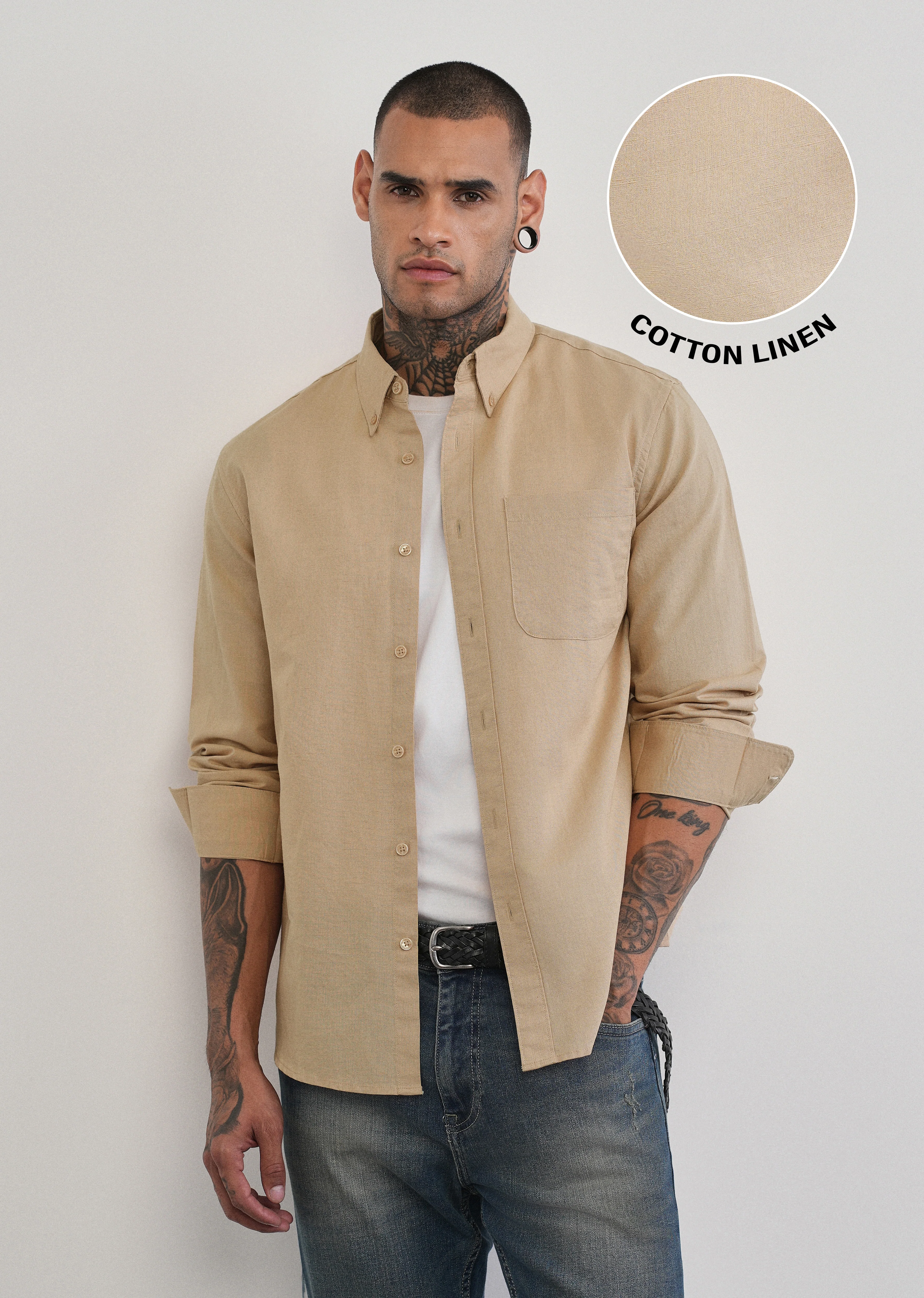 Beige Cotton Linen Plain Shirt - Image 7