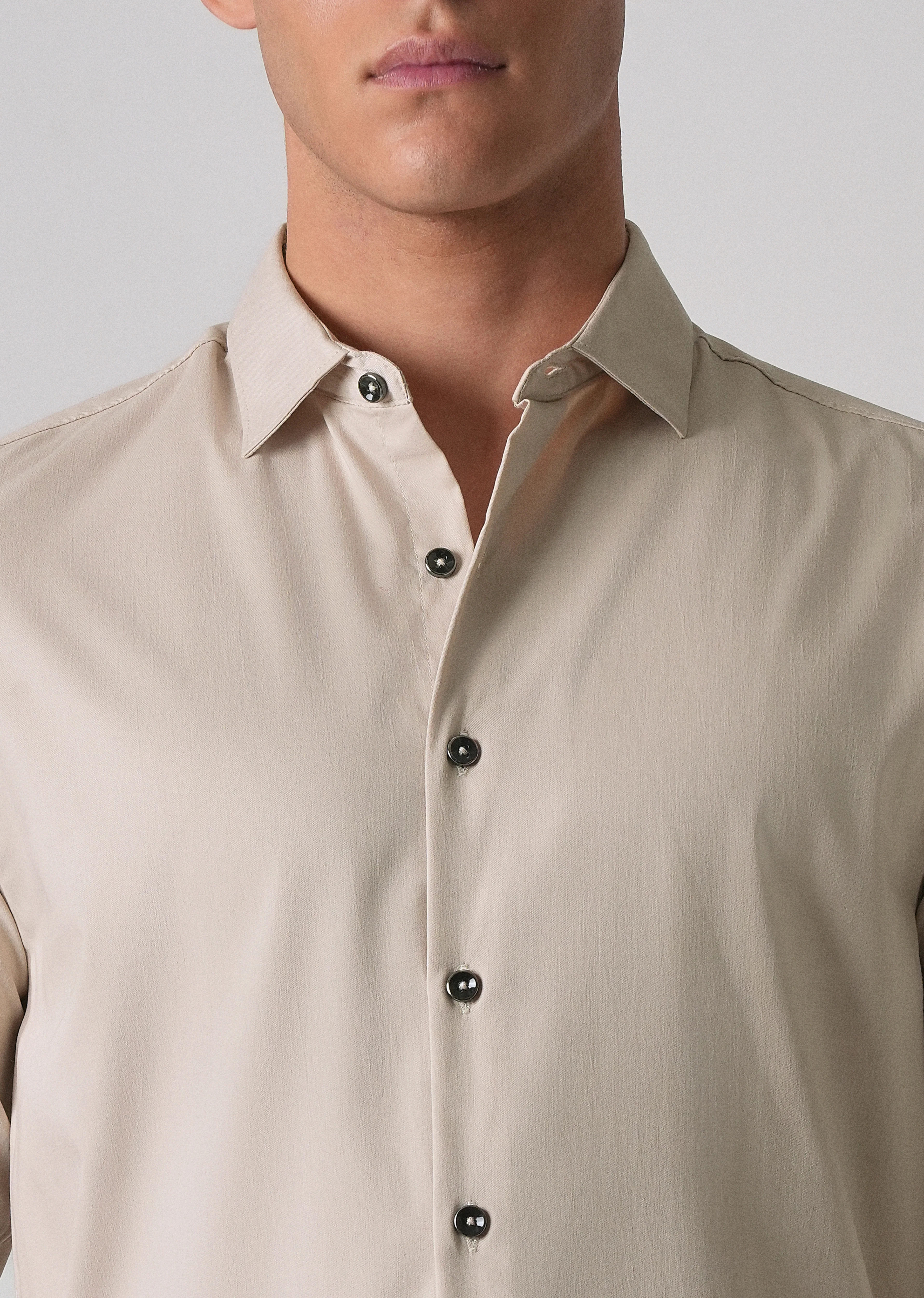 Beige Cotton Stretch Plain Shirt - Image 5