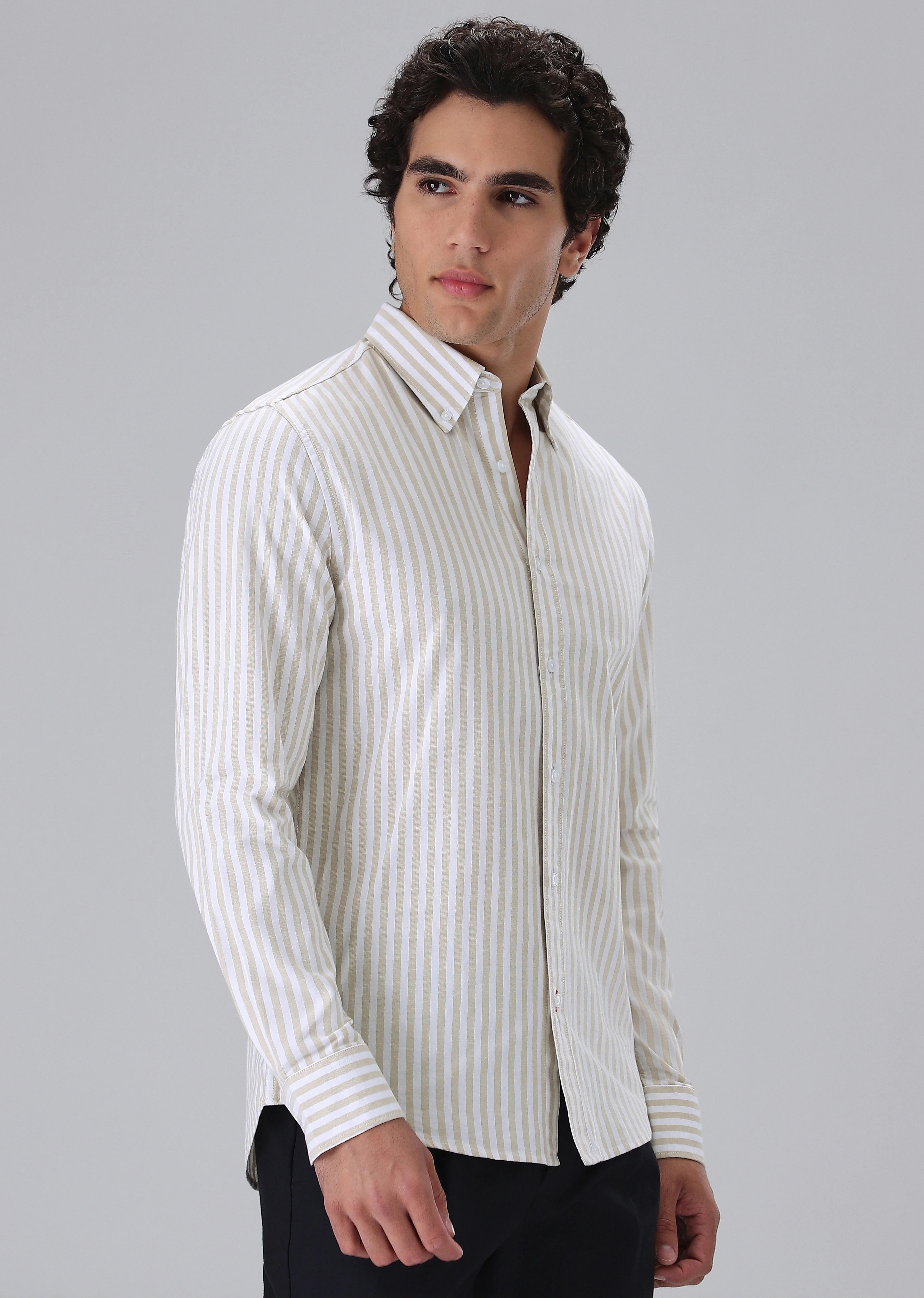 Beige Cotton Oxford Stripe Shirt - Image 5