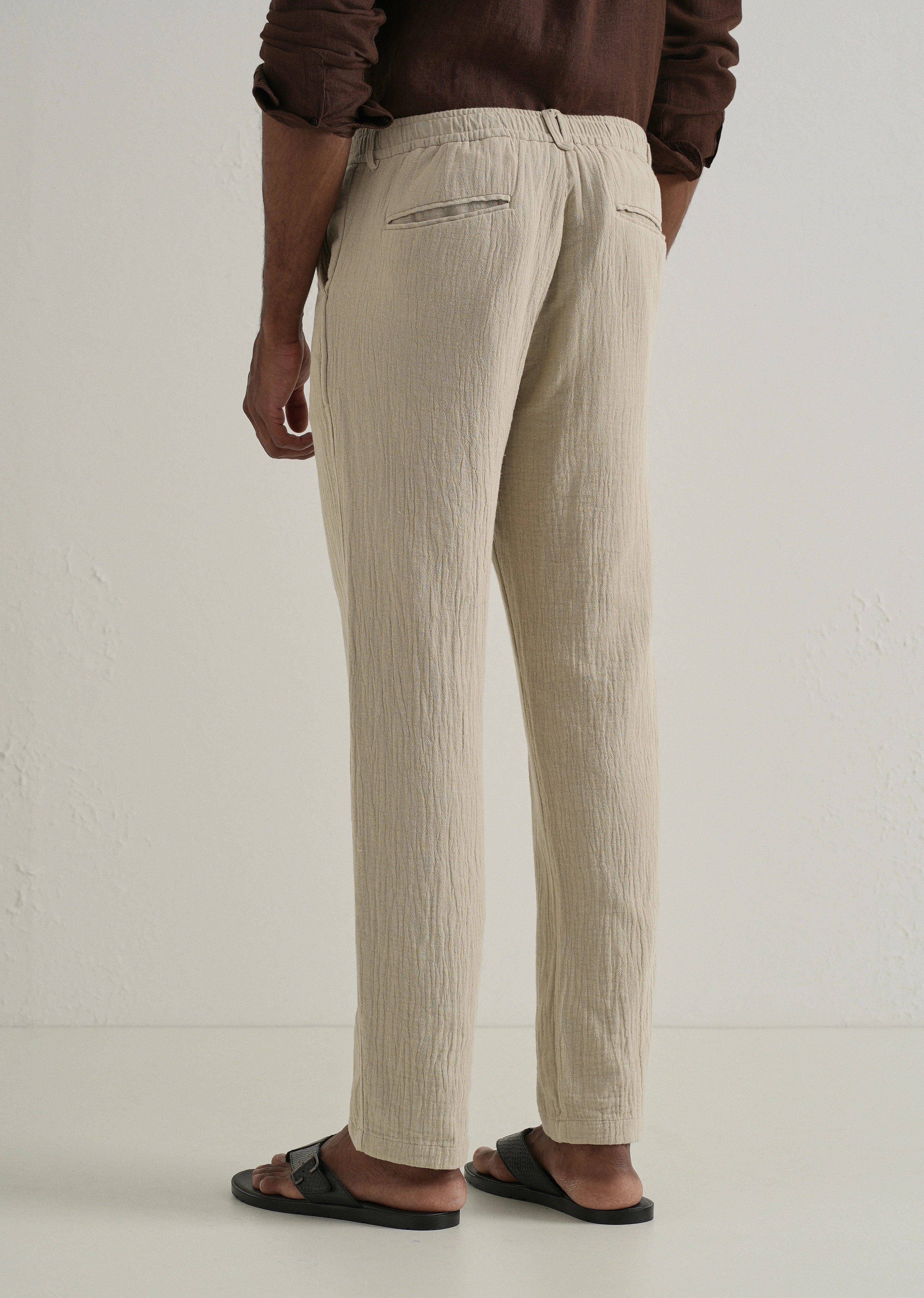 Beige Crinkled Cotton Trouser - Image 2