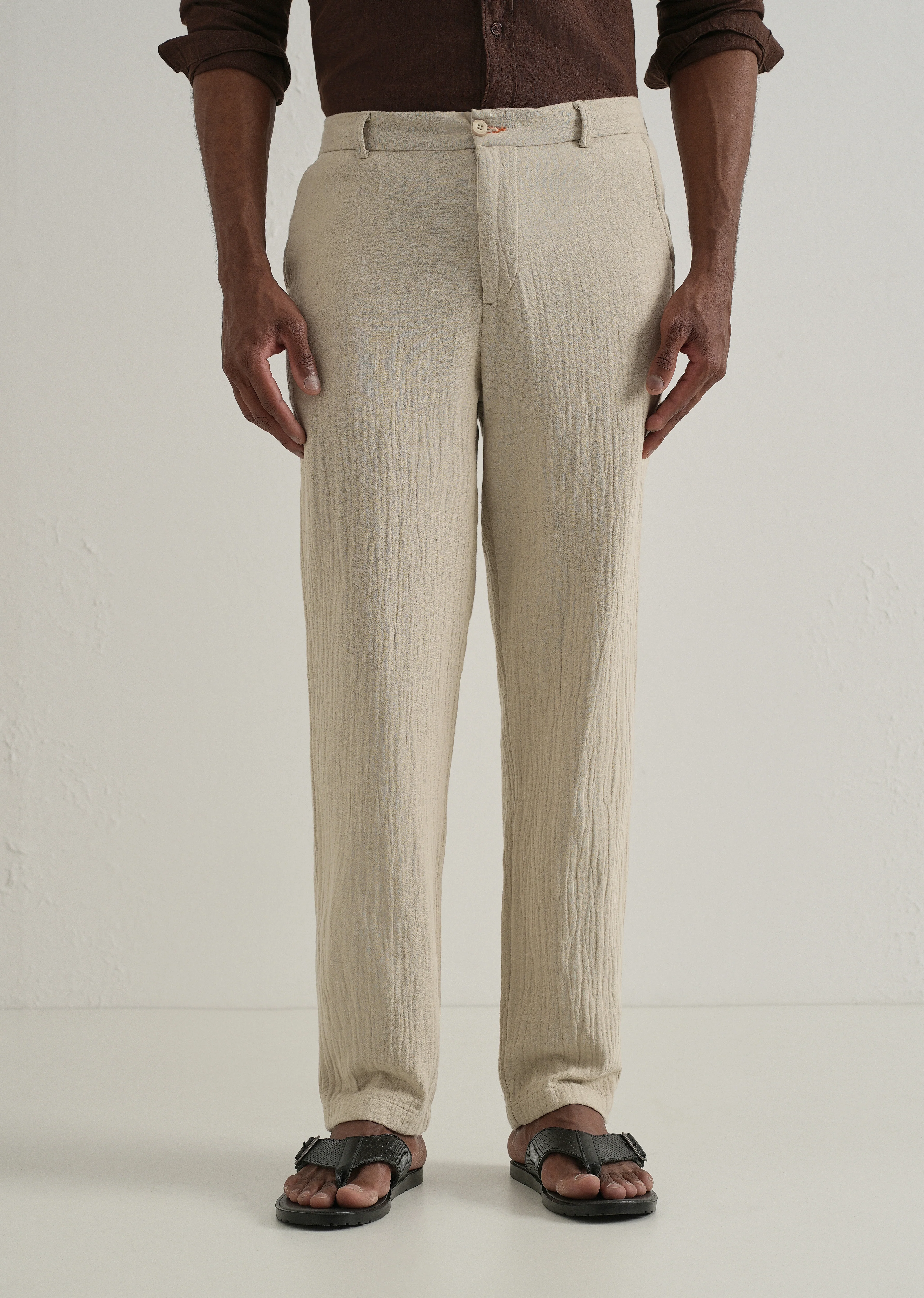Beige Crinkled Cotton Trouser - Image 3