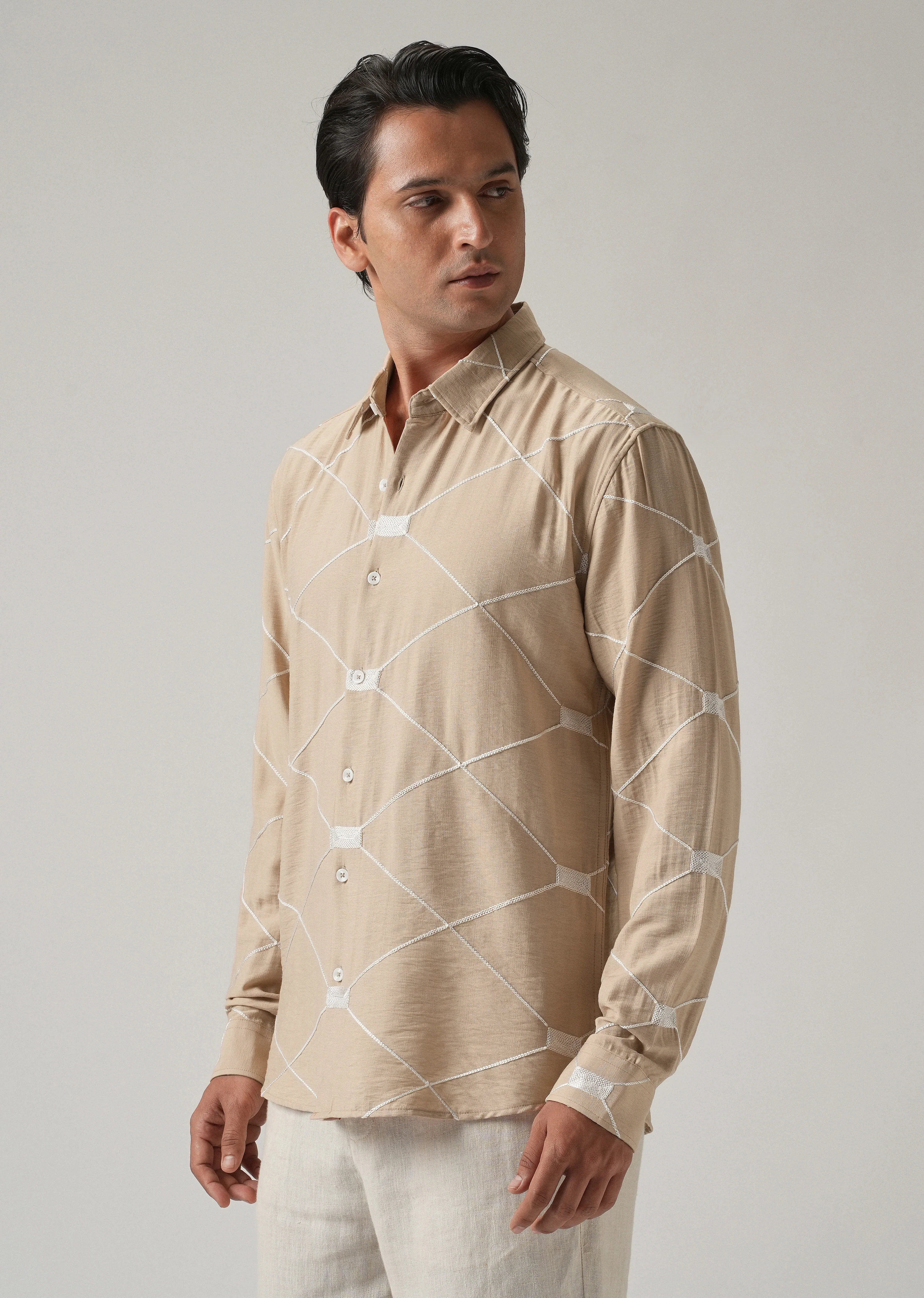 Beige Crisscross Embroidery Shirt - Image 5