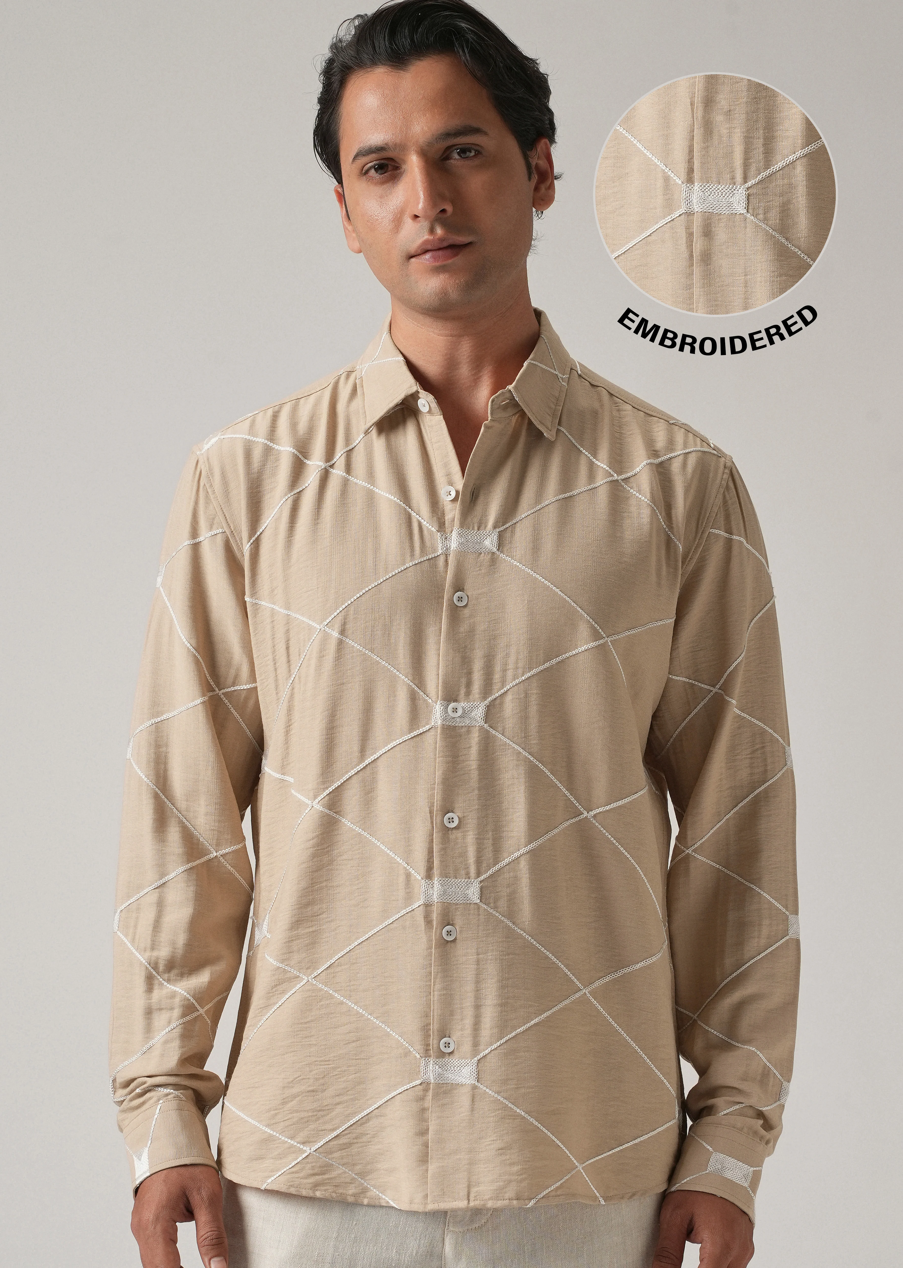 Beige Crisscross Embroidery Shirt - Image 8