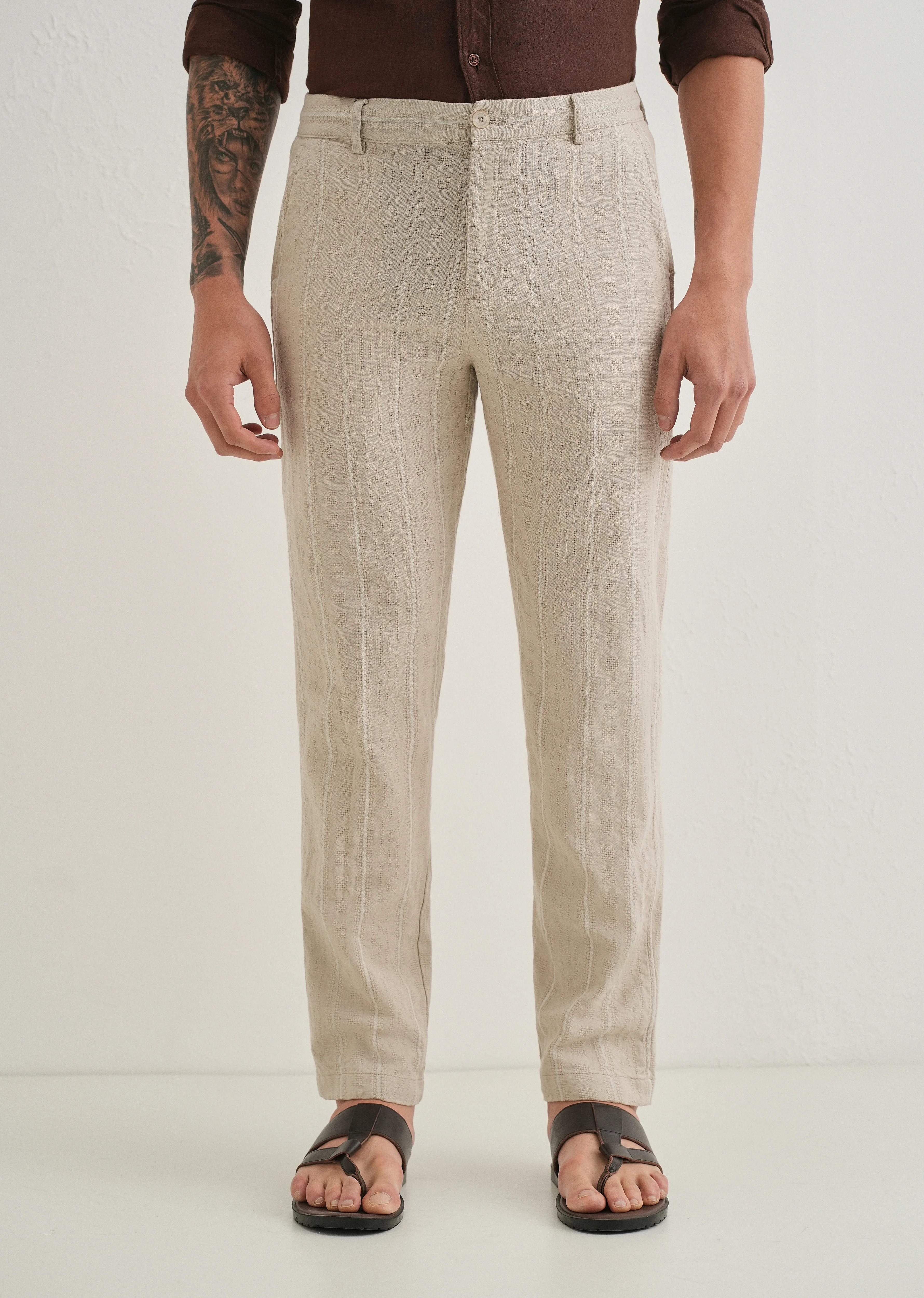 Beige Dobby Cotton Stripe Pants - Image 3