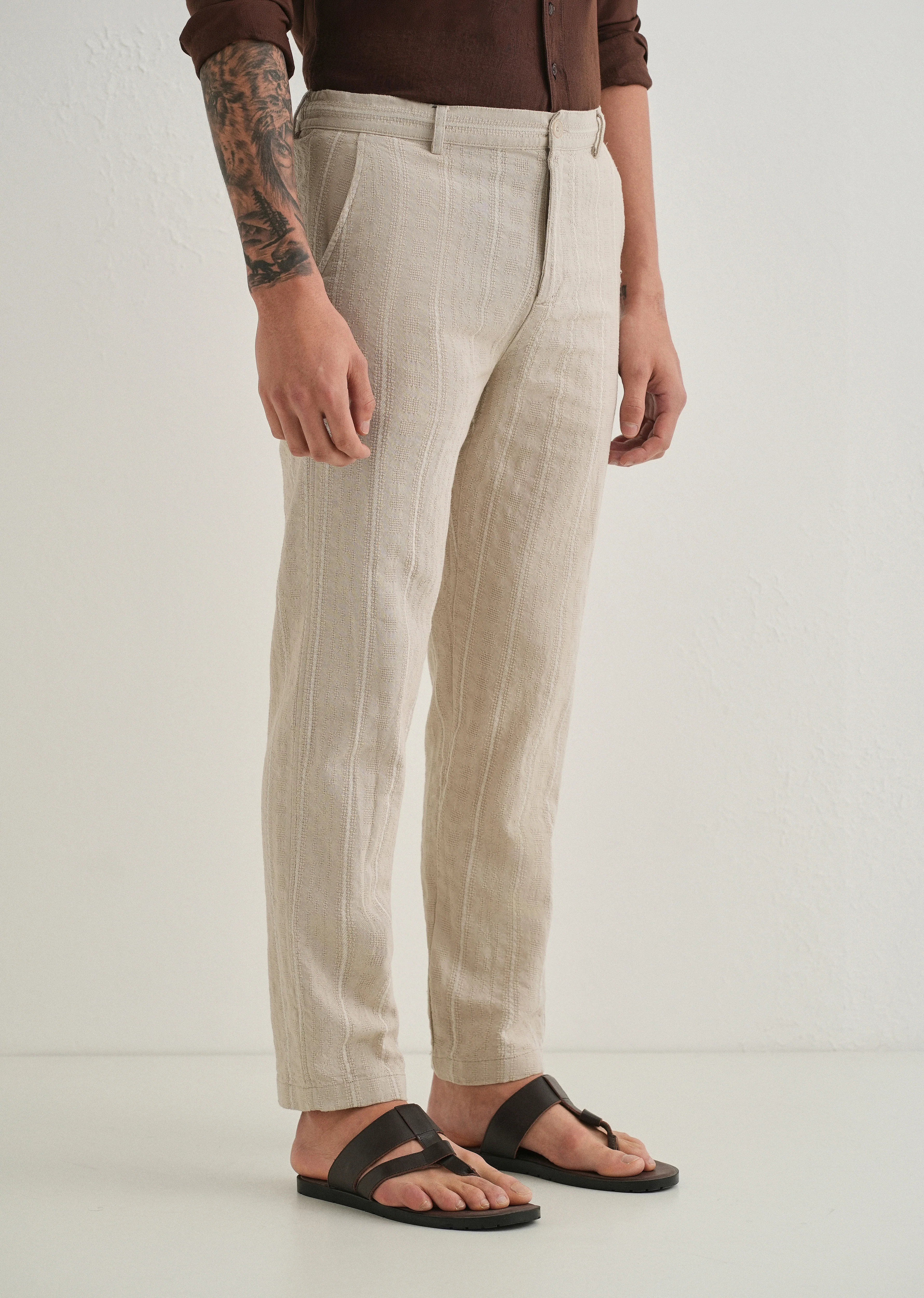 Beige Dobby Cotton Stripe Pants - Image 4