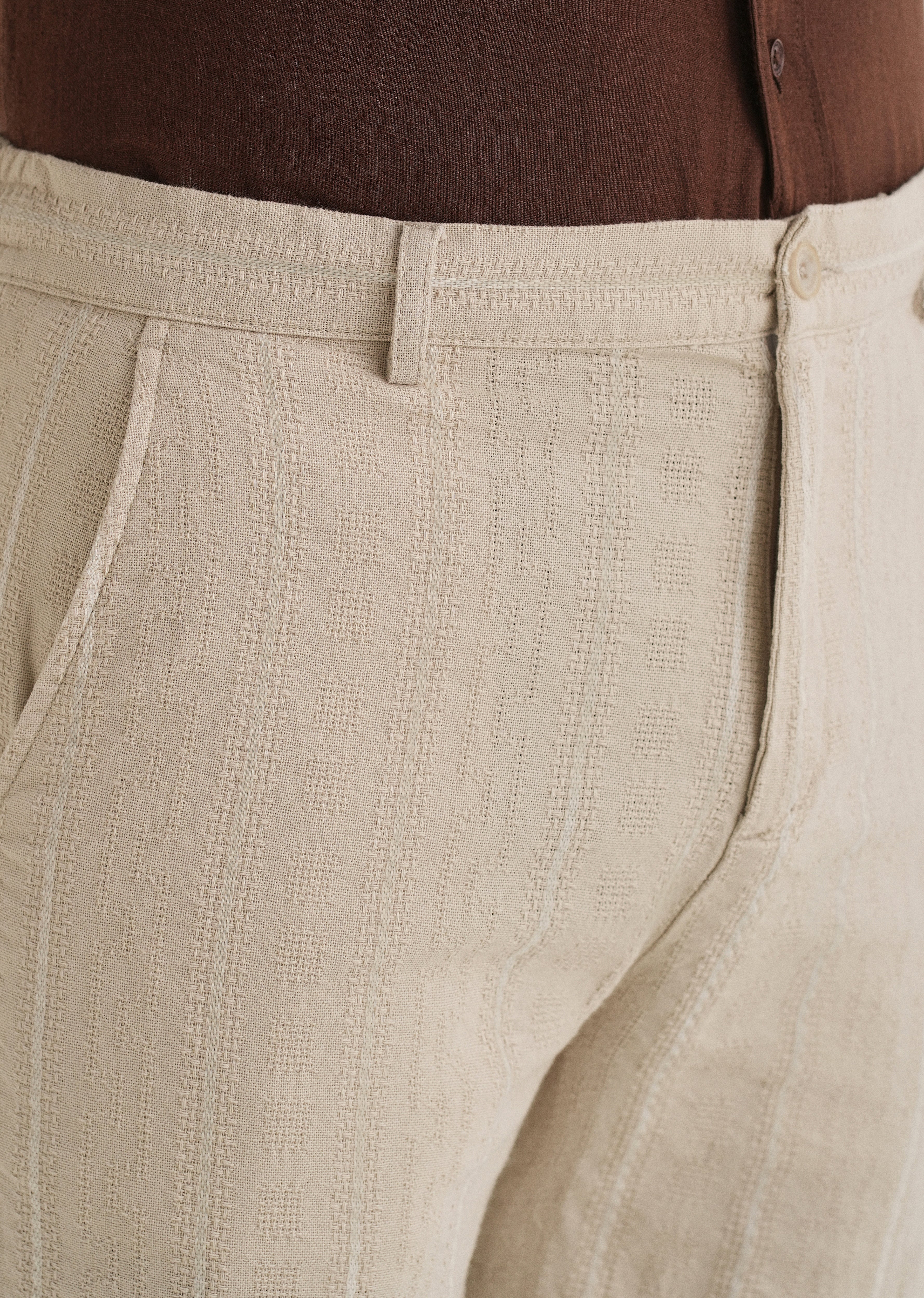 Beige Dobby Cotton Stripe Pants - Image 5