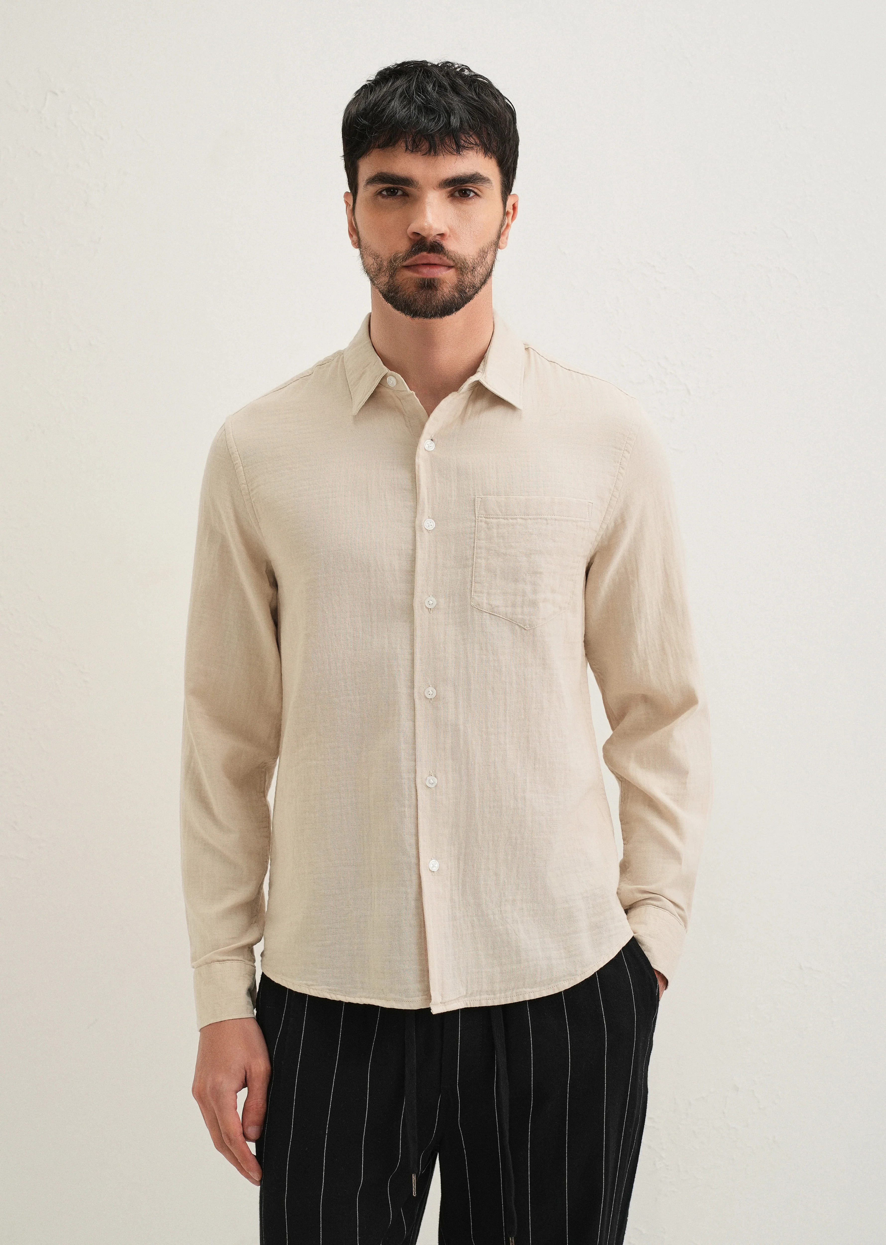 Beige Double Cloth Cotton Shirt - Image 4
