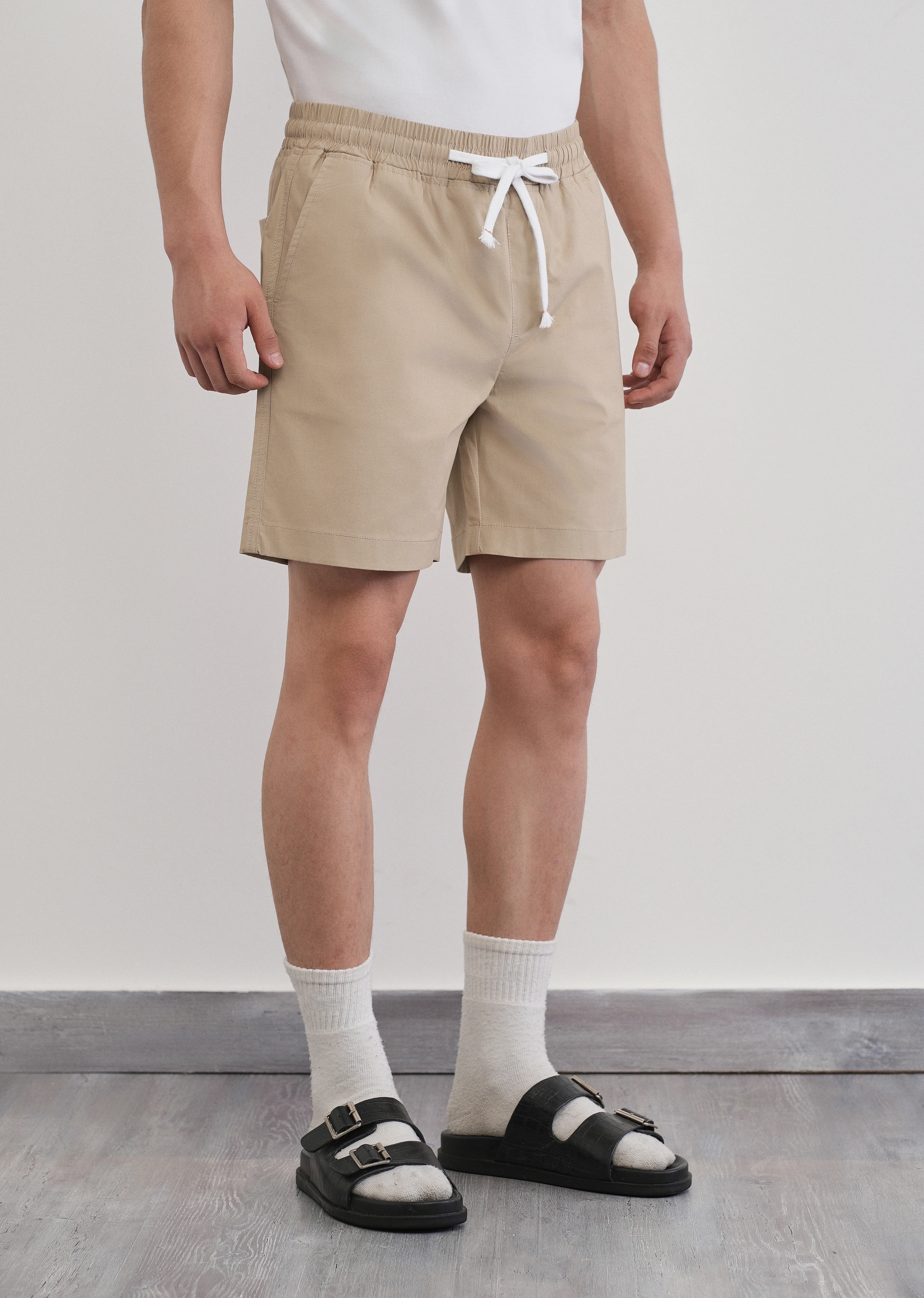 Beige Drawstring Cotton Shorts - Image 4