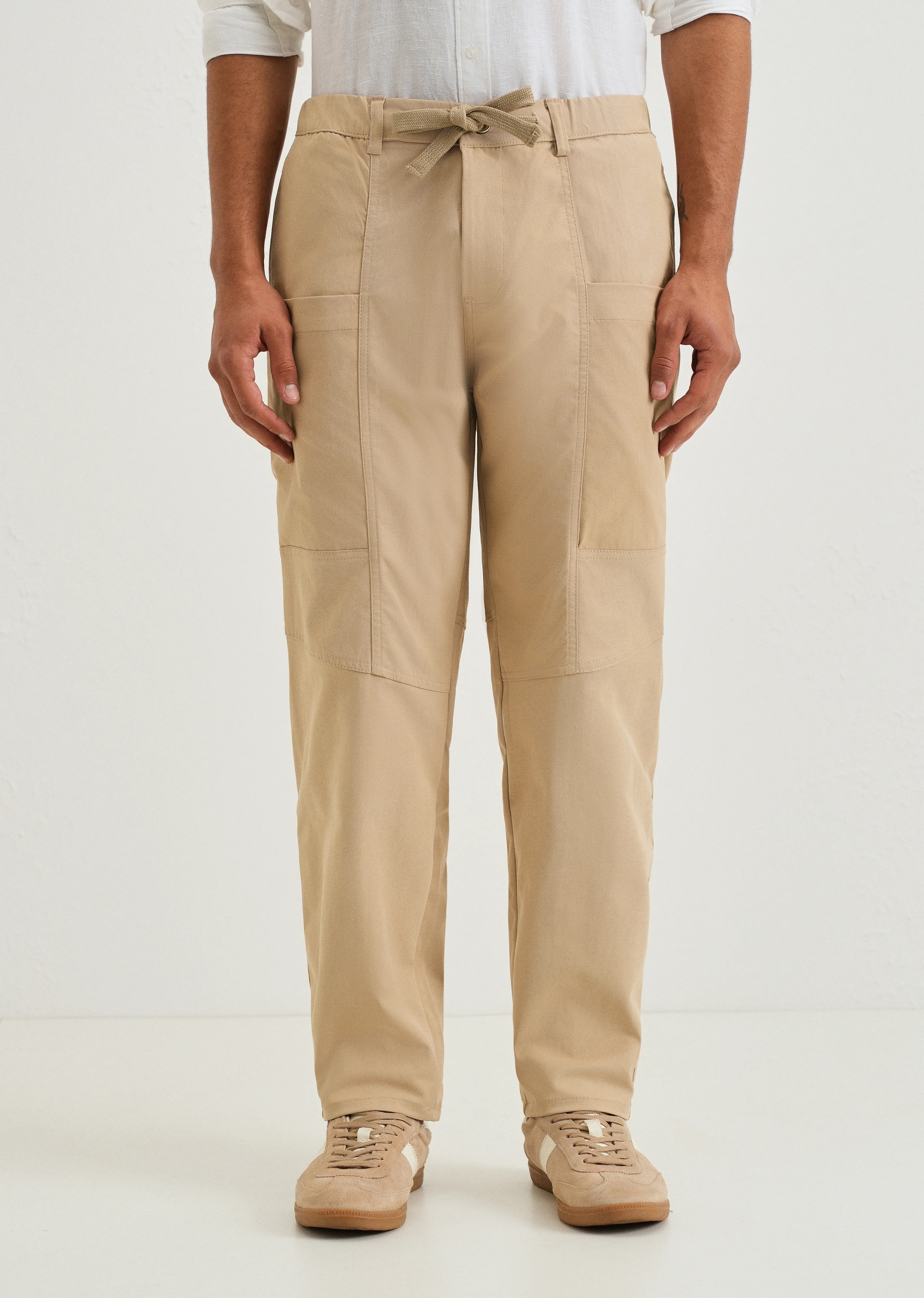 Beige Drawstring Panel Cargo Pant - Image 3