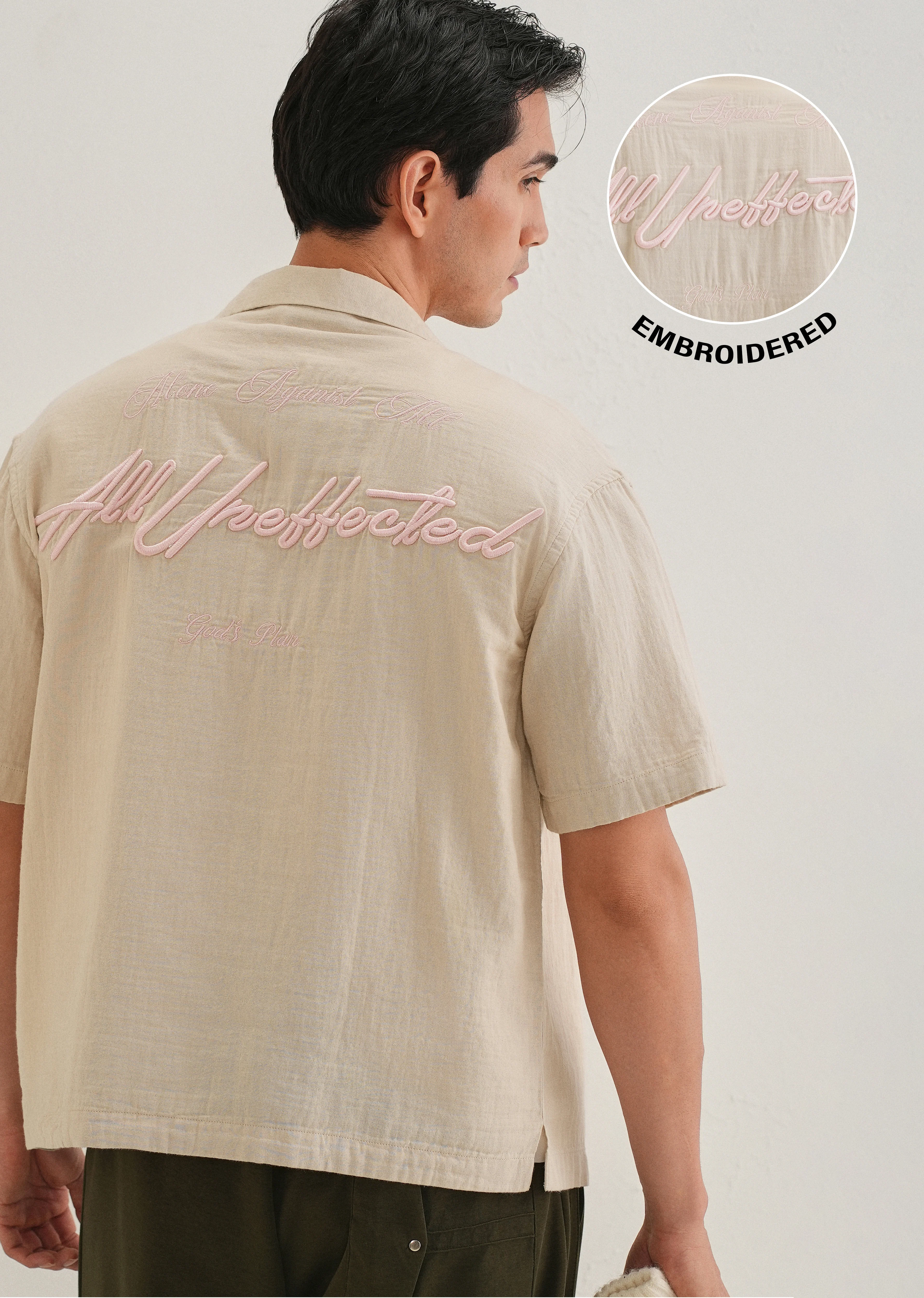 Beige Embroidered Double Cloth Cotton Shirt - Image 8