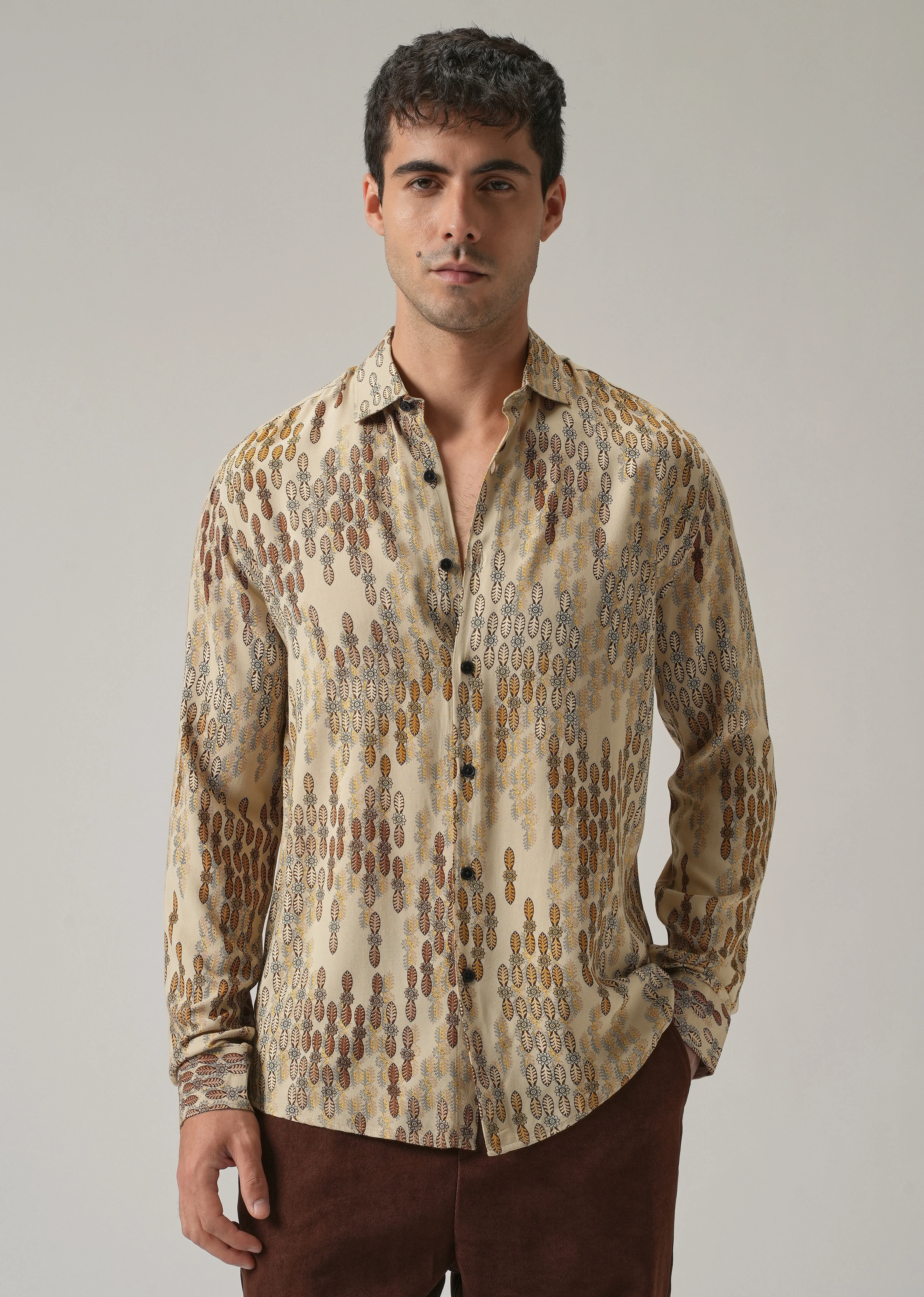 Beige Ethnic Print Feather Shirt - Image 3