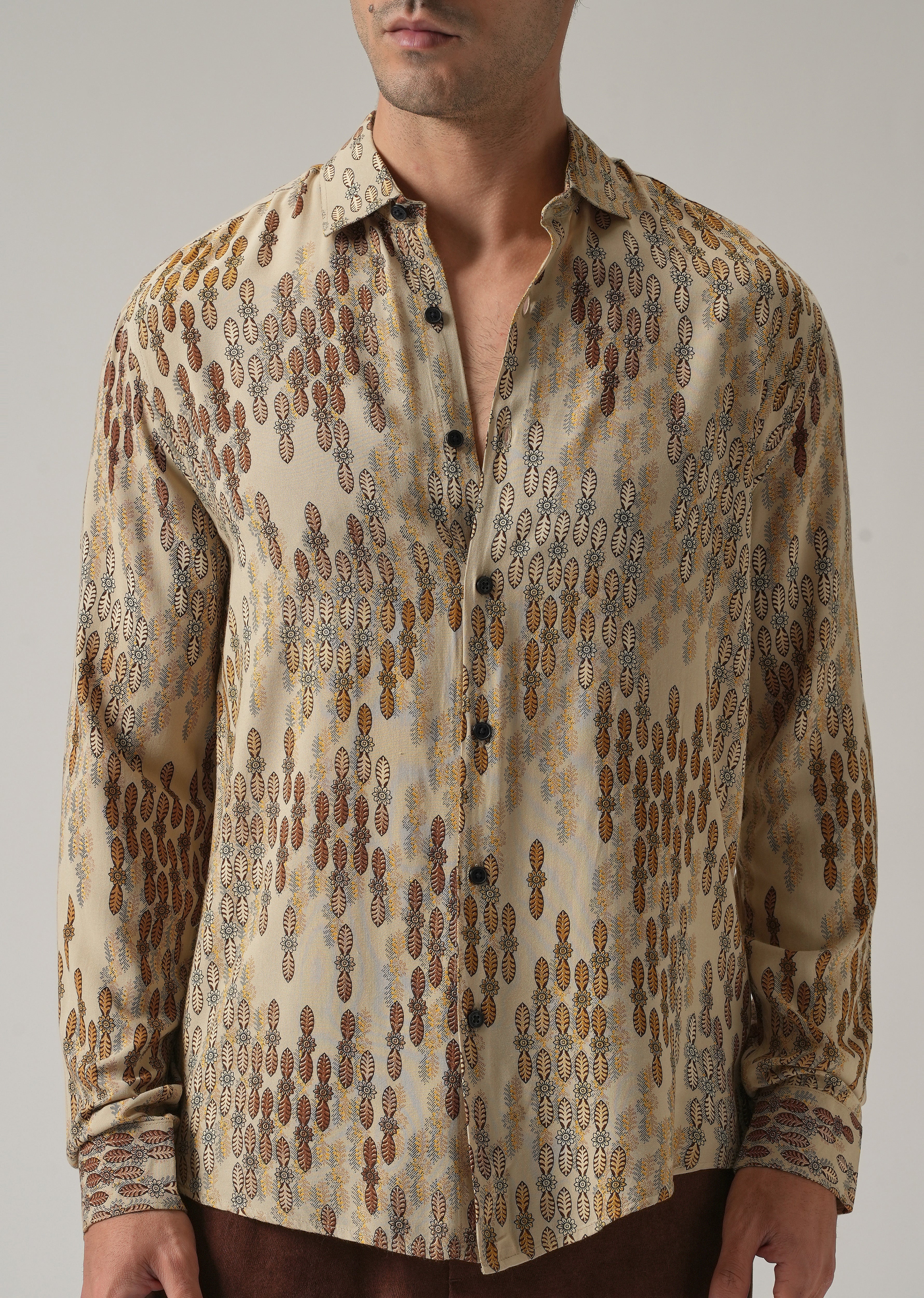 Beige Ethnic Print Feather Shirt - Image 7