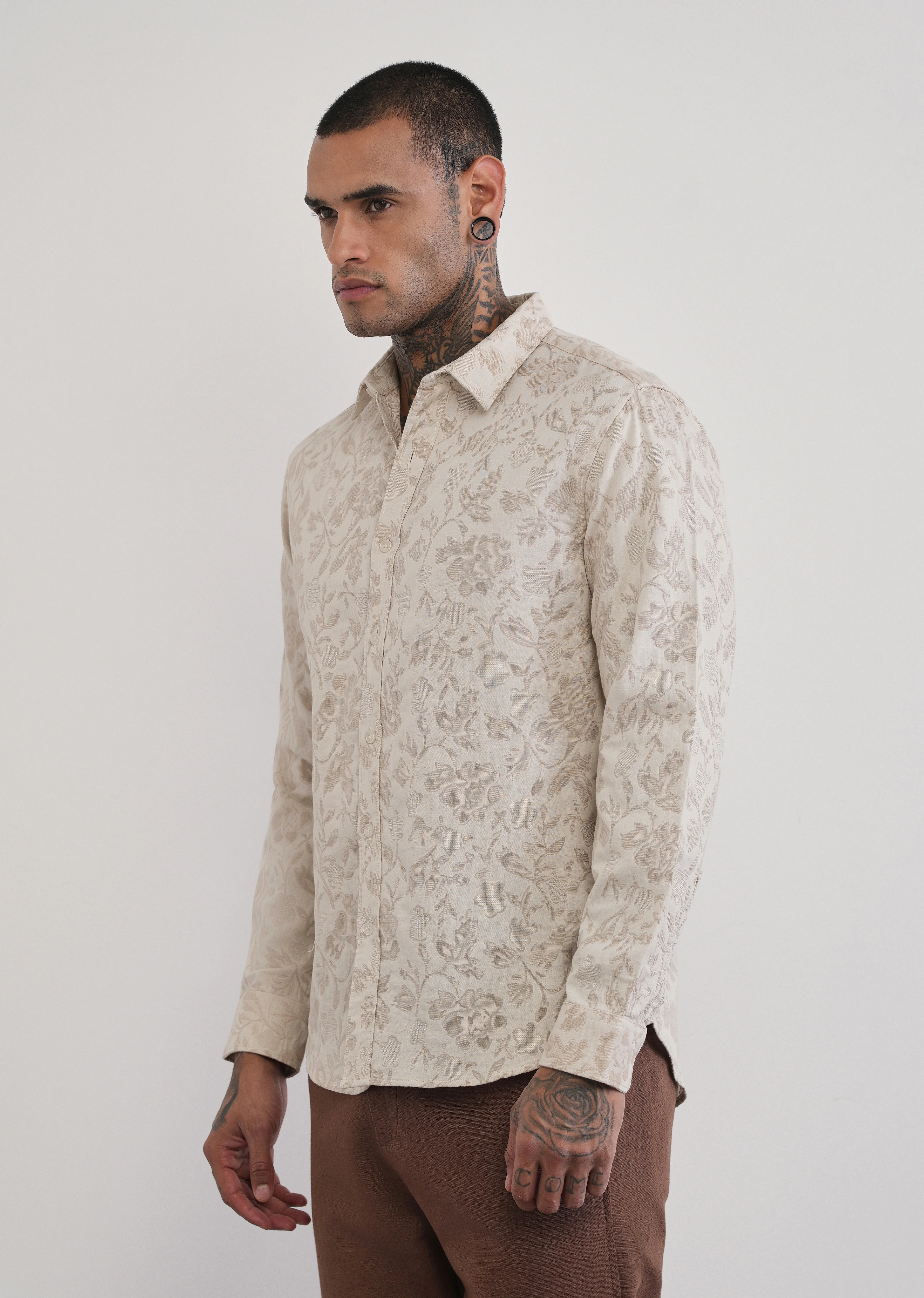 Beige Floral Cotton Jacquard Shirt - Image 4