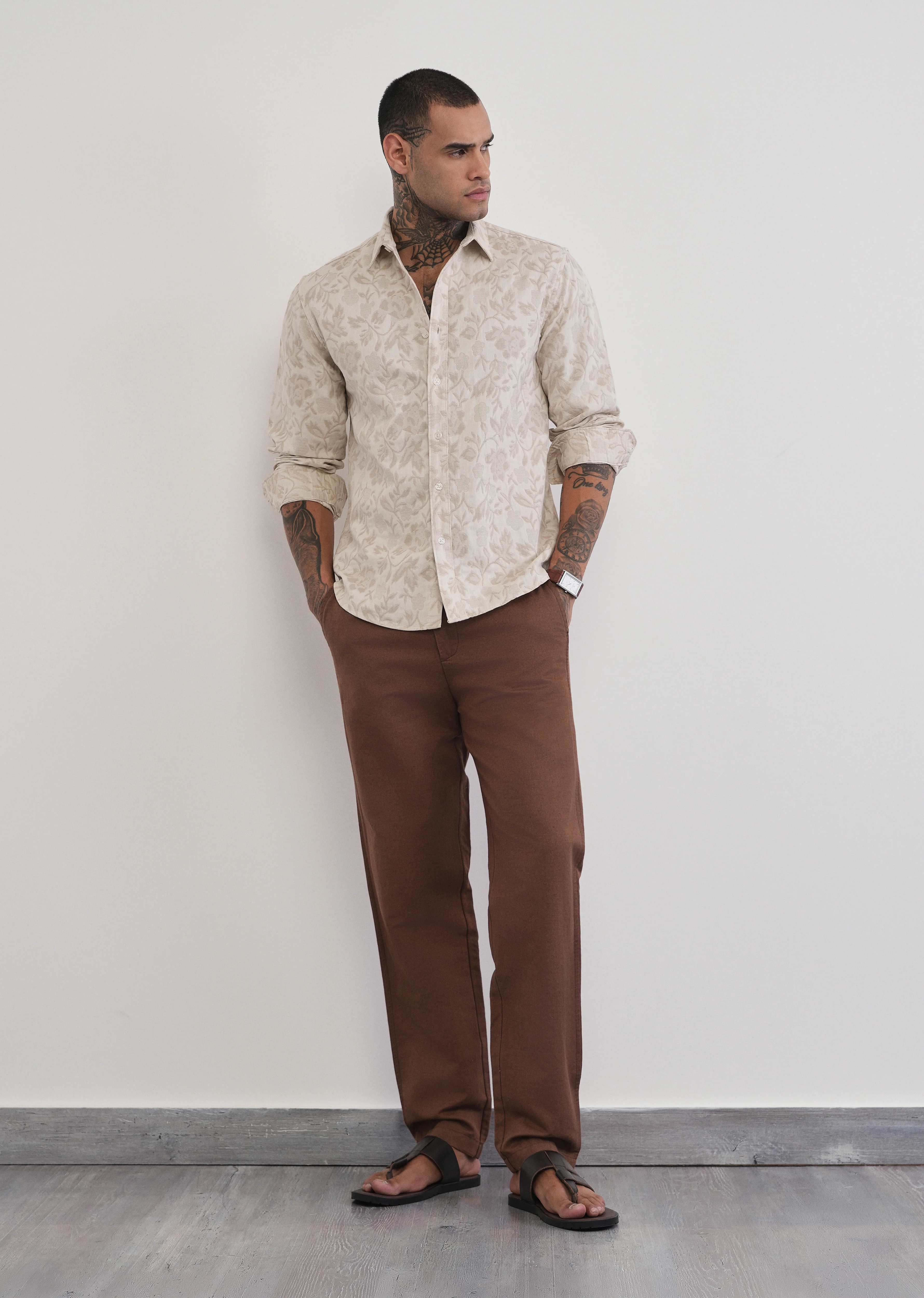 Beige Floral Cotton Jacquard Shirt - Image 6