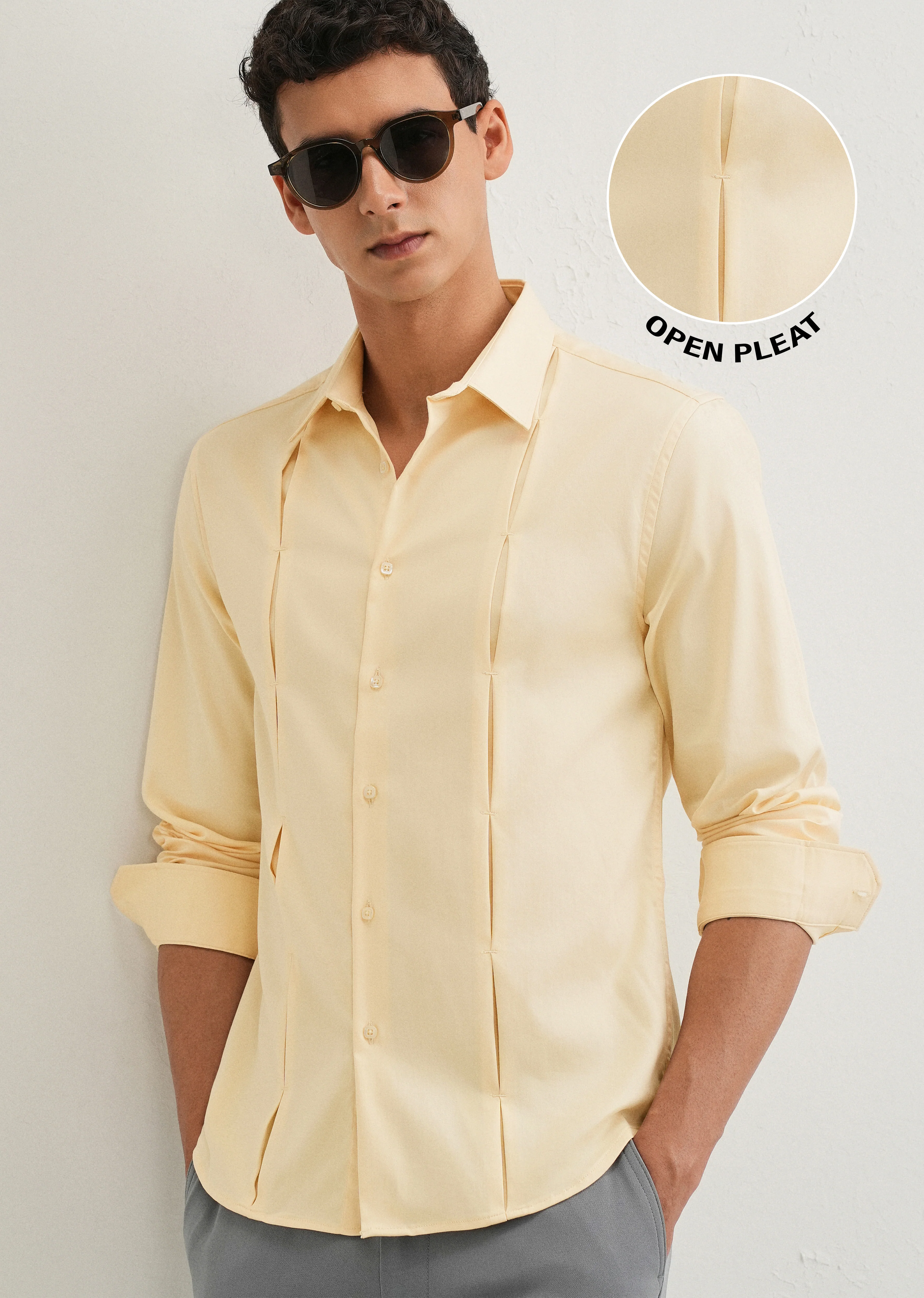 Beige Front Panel Open Pleat Shirt