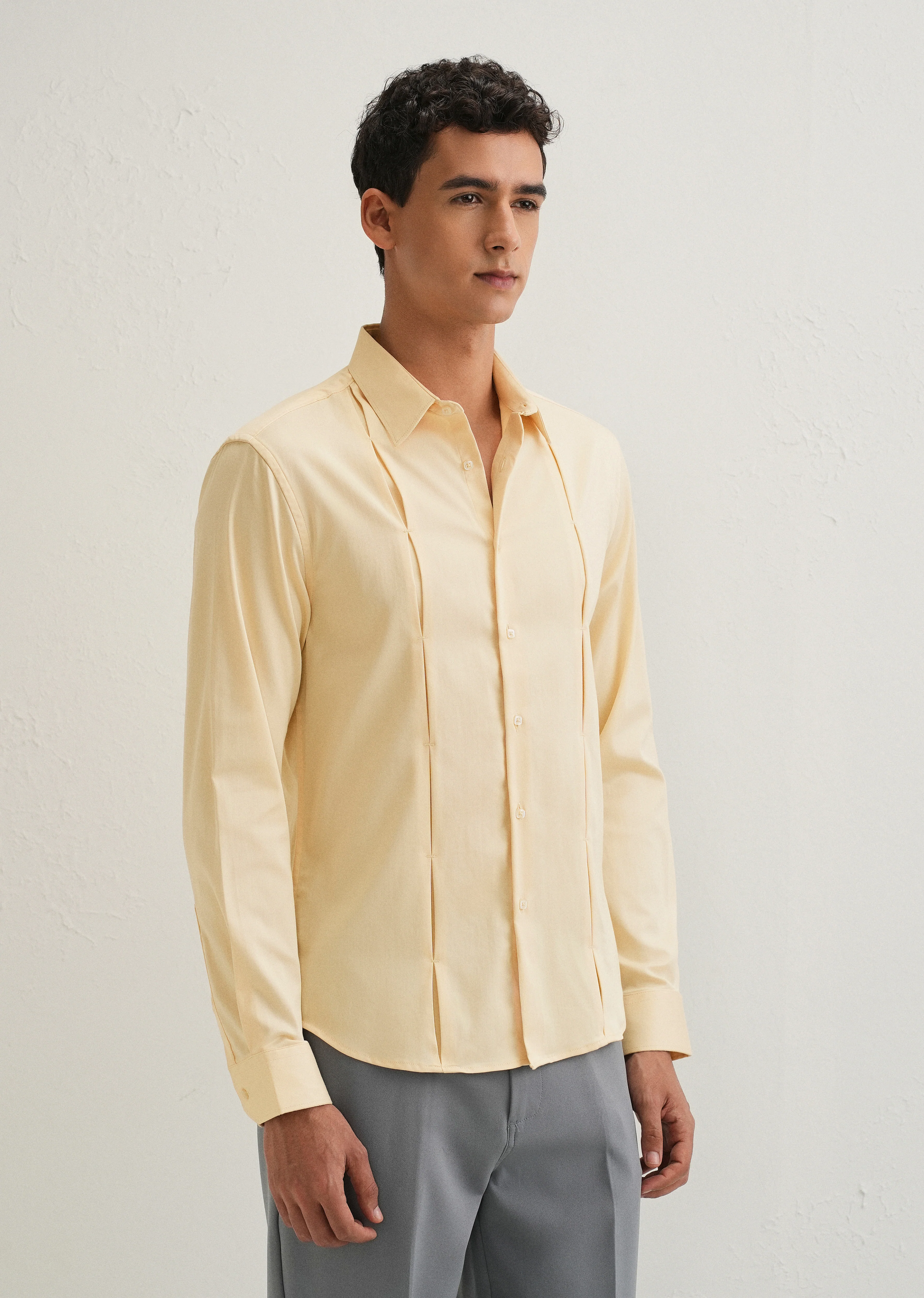 Beige Front Panel Open Pleat Shirt - Image 4