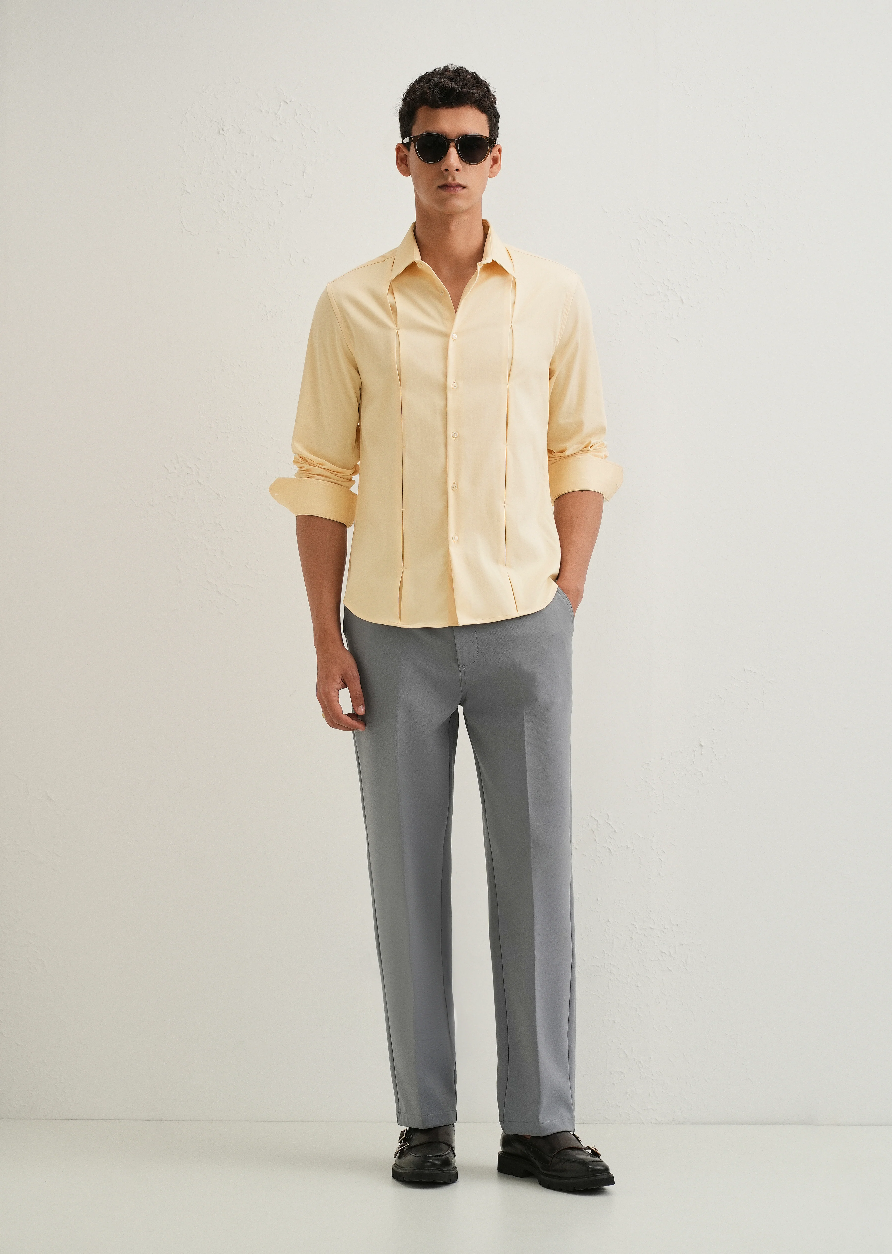 Beige Front Panel Open Pleat Shirt - Image 6