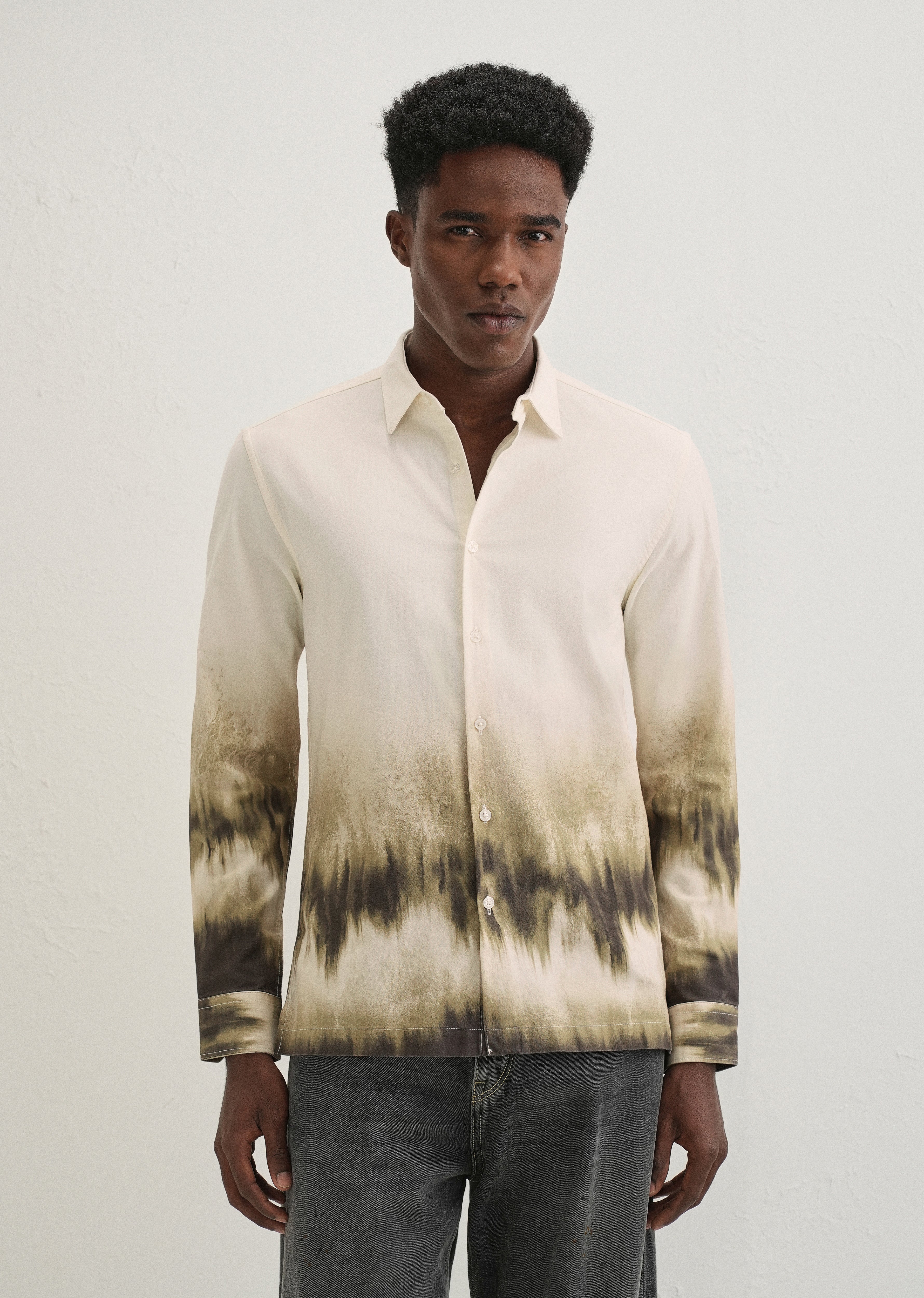 Beige Green Gradient Printed Shirt - Image 4