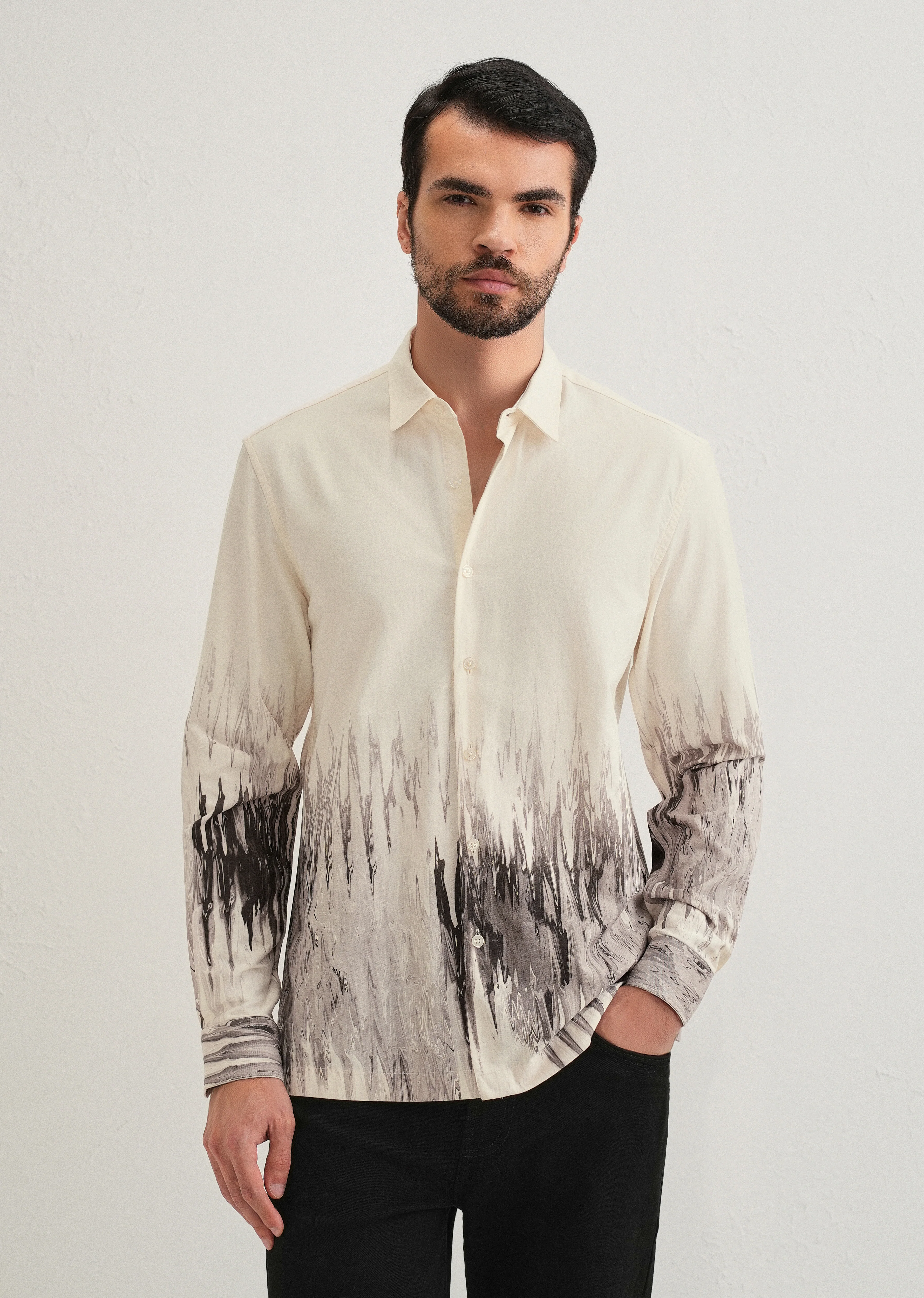 Beige Grey Ripple Printed Shirt - Image 3