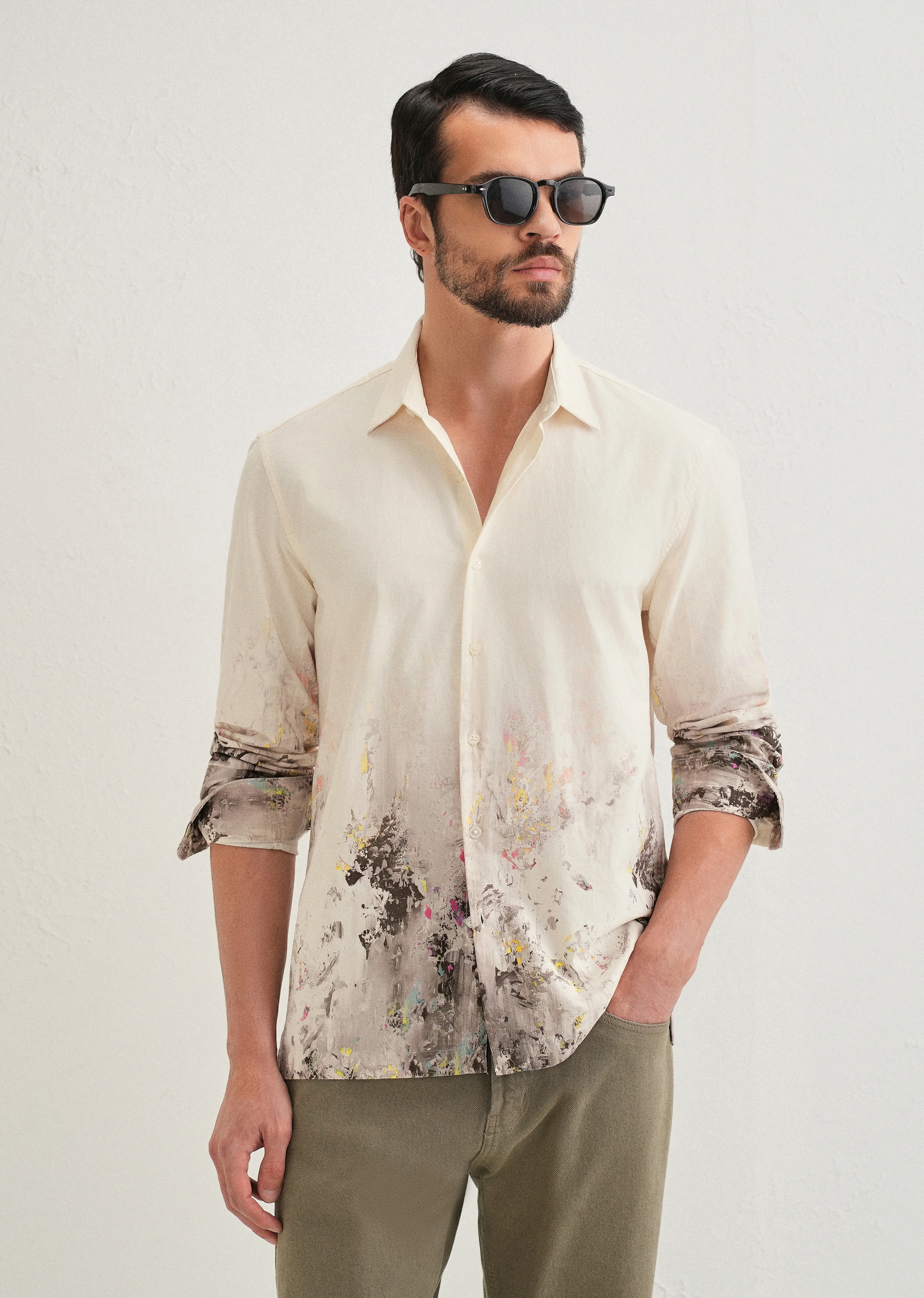 Beige Grey Splatter Printed Shirt - Image 4
