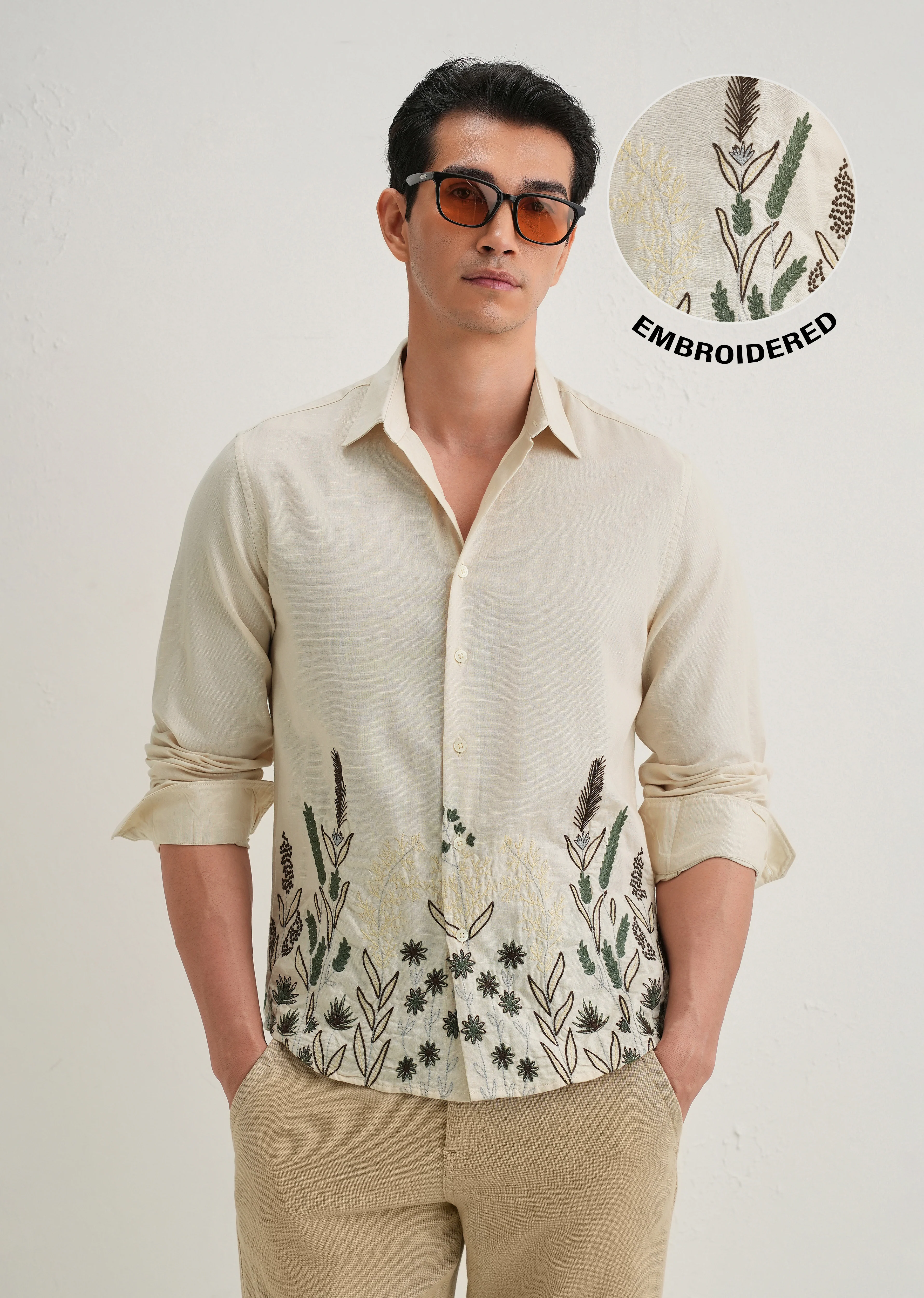 Beige Hem Embroidery Cotton Linen Shirt - Image 2