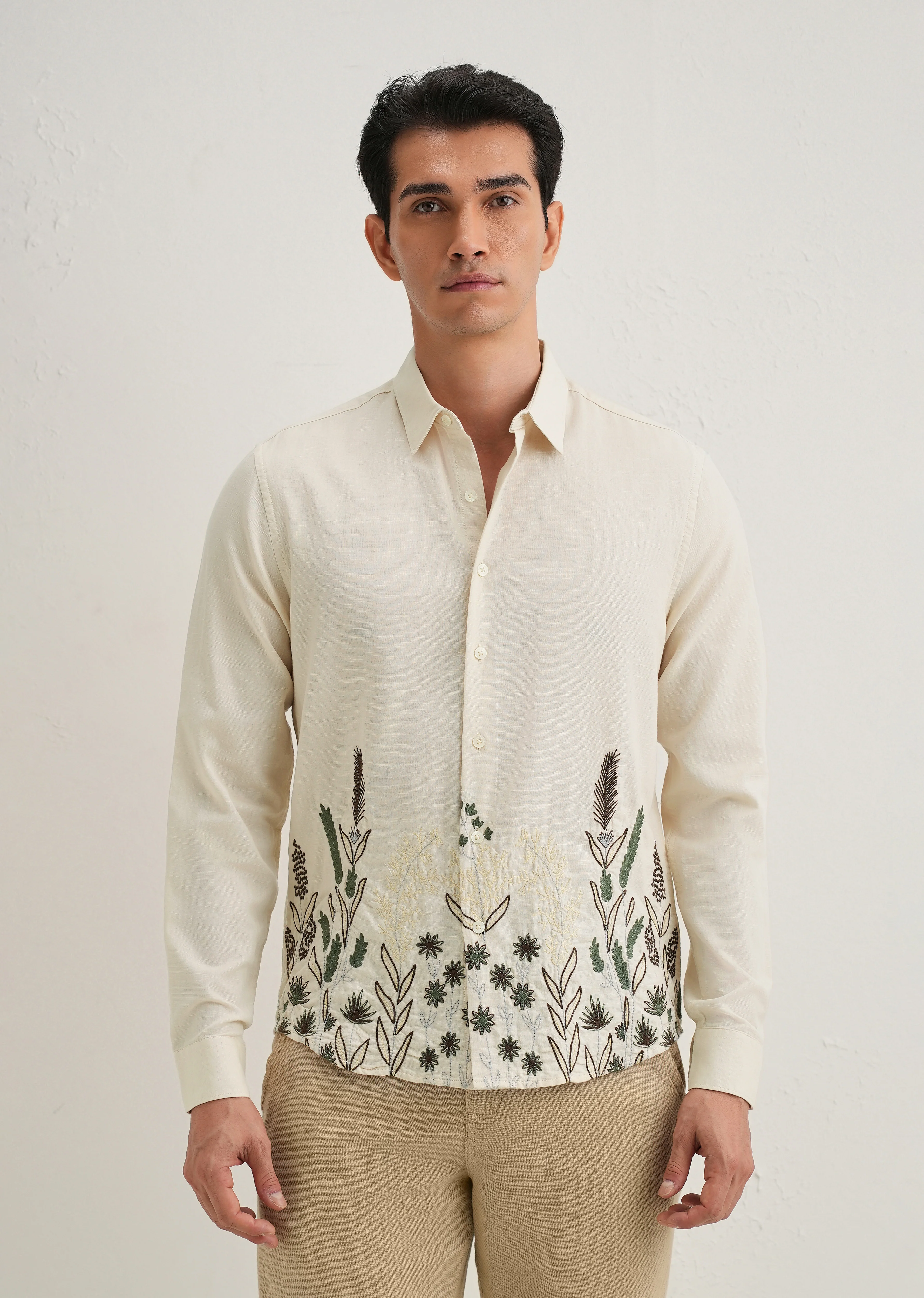 Beige Hem Embroidery Cotton Linen Shirt - Image 5