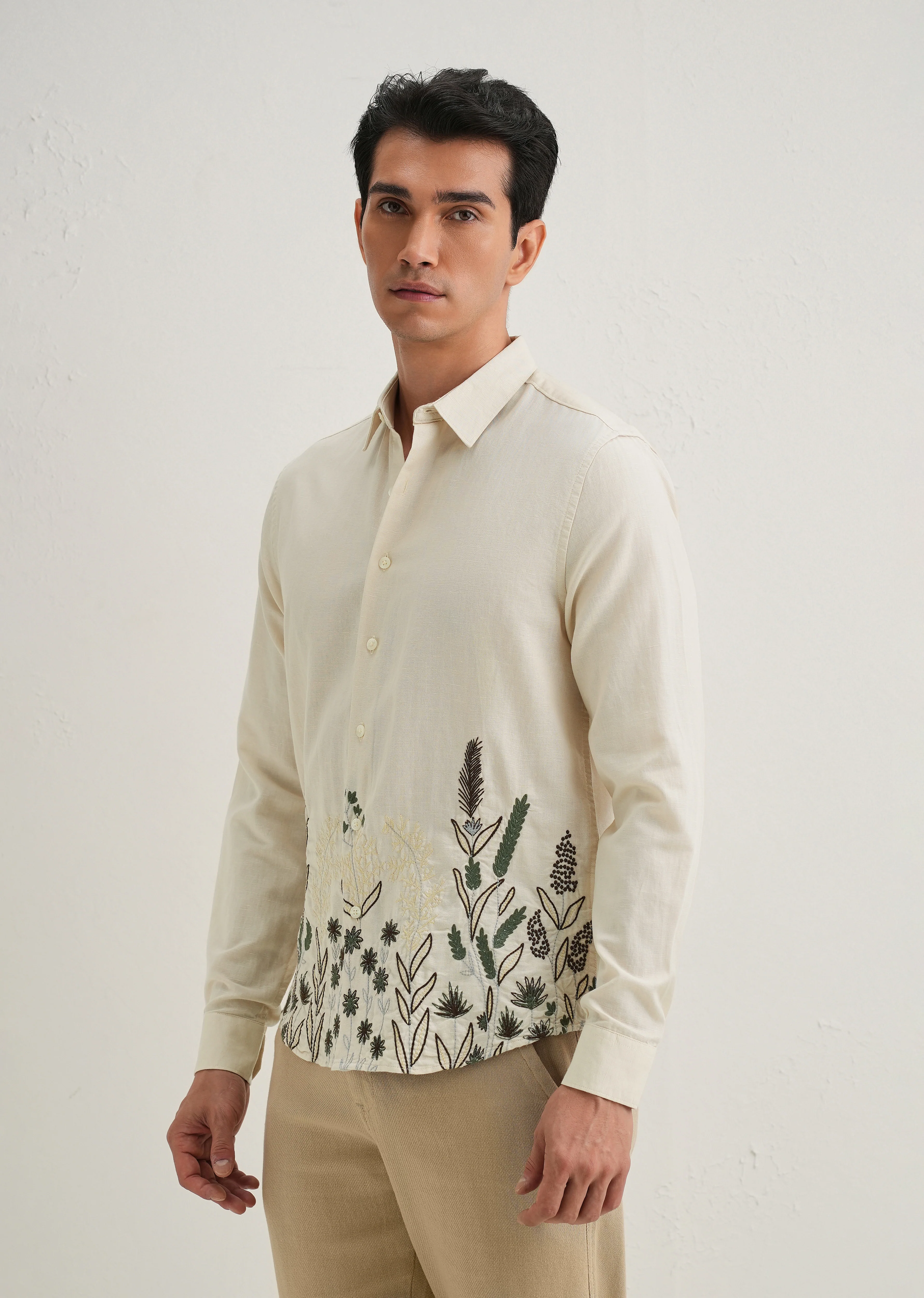 Beige Hem Embroidery Cotton Linen Shirt - Image 6