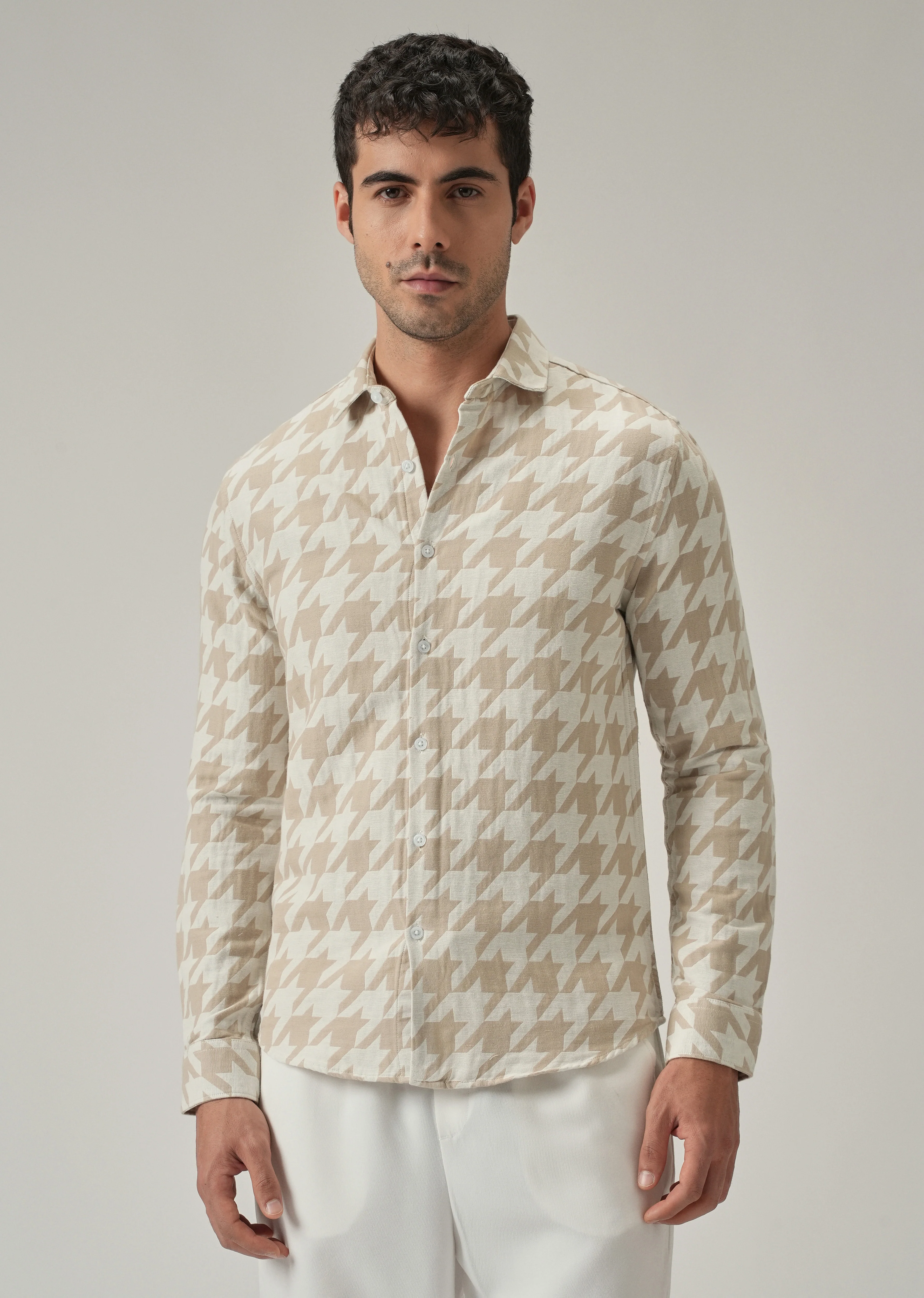 Beige Herringbone Pattern Shirt - Image 3