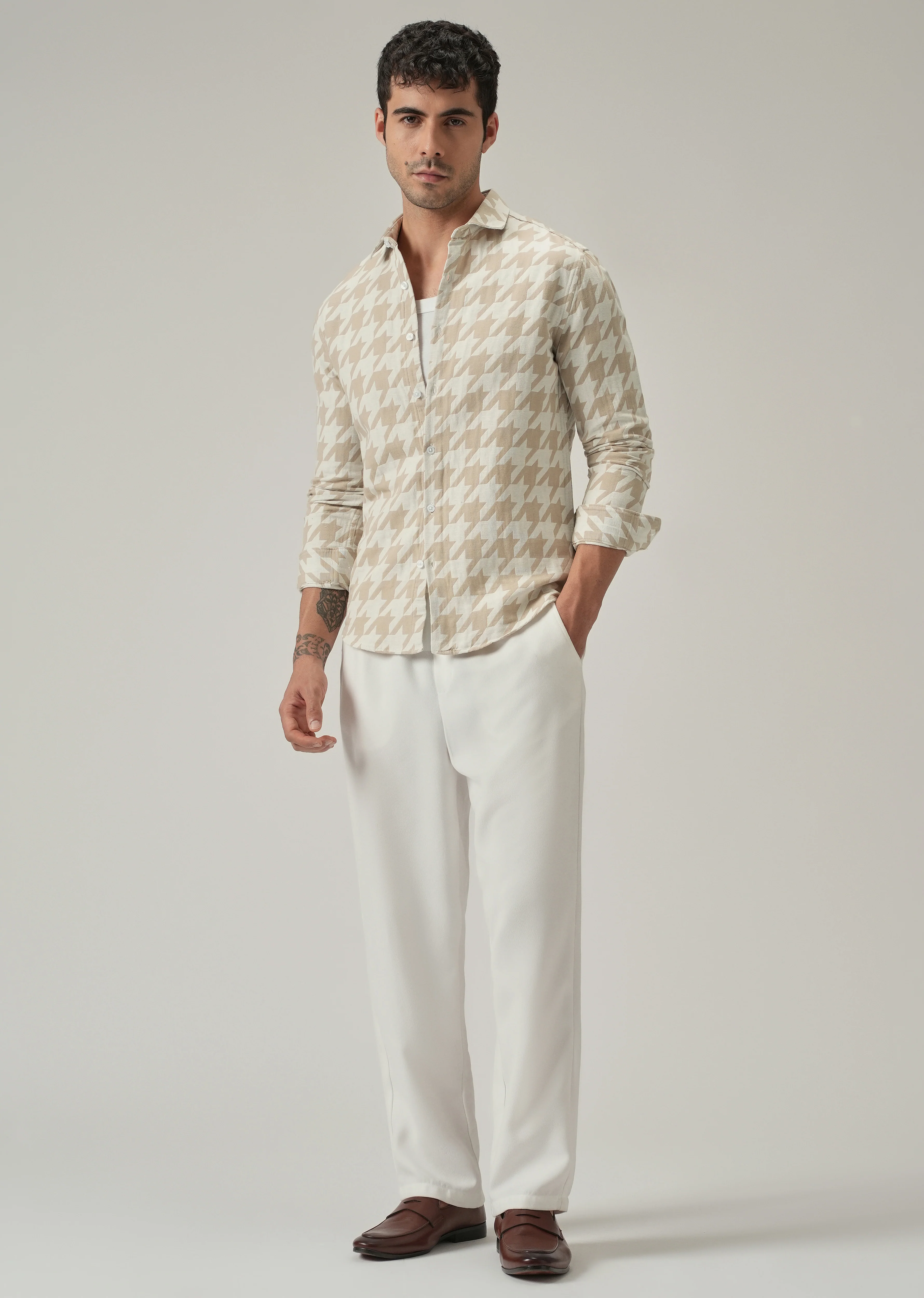 Beige Herringbone Pattern Shirt - Image 6