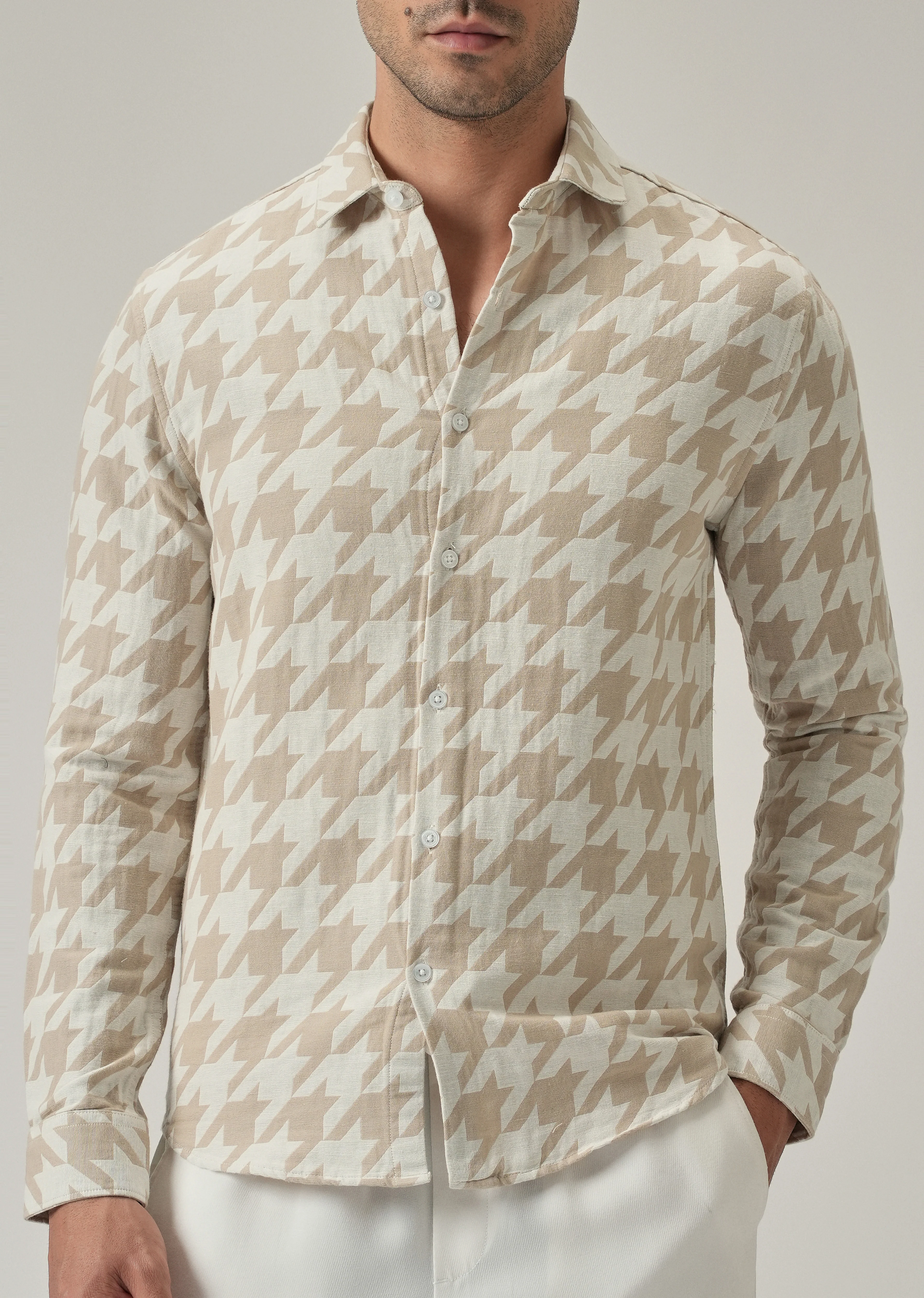 Beige Herringbone Pattern Shirt - Image 7
