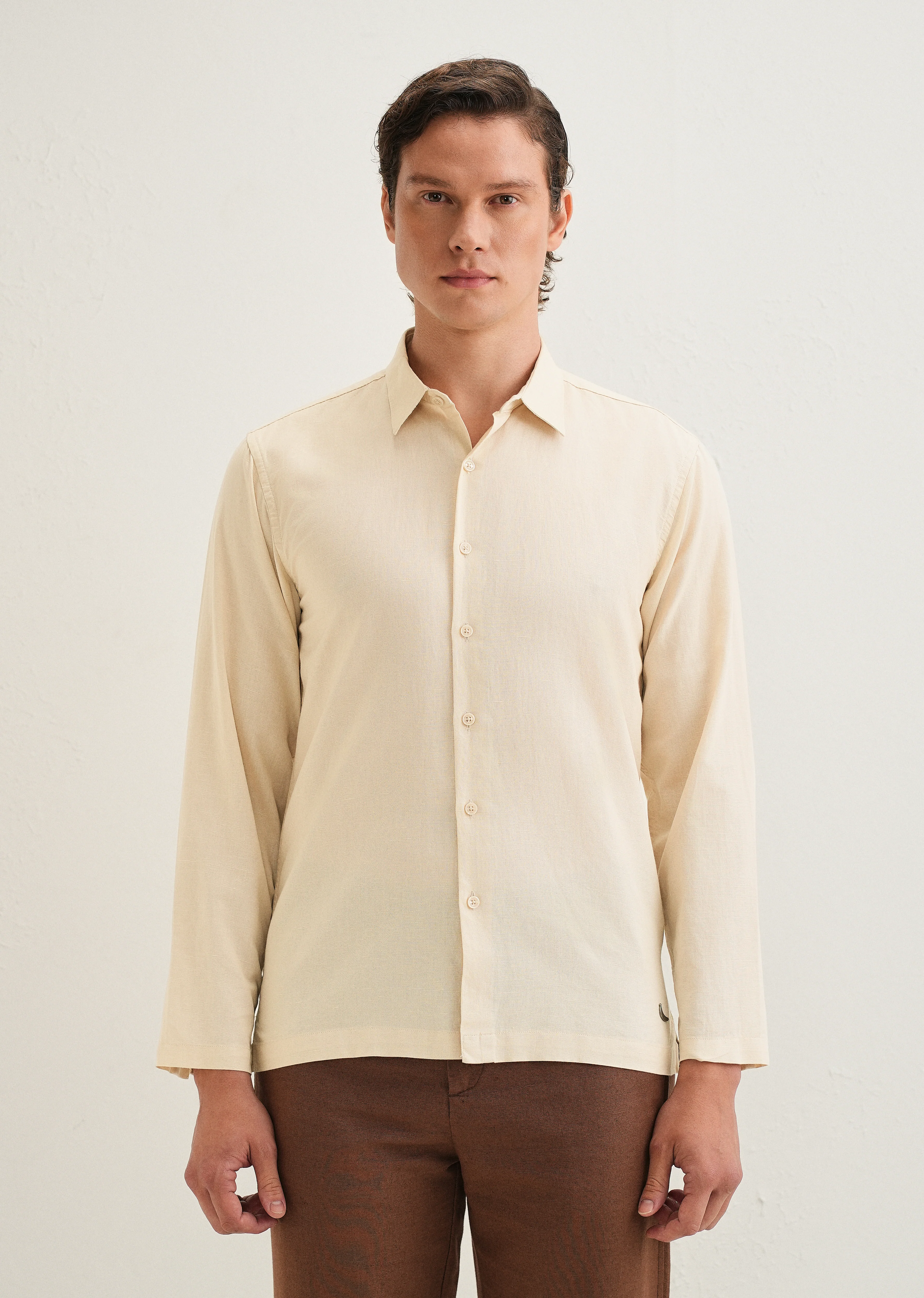 Beige Hidden Sleeve Placket Cotton Linen Shirt - Image 3