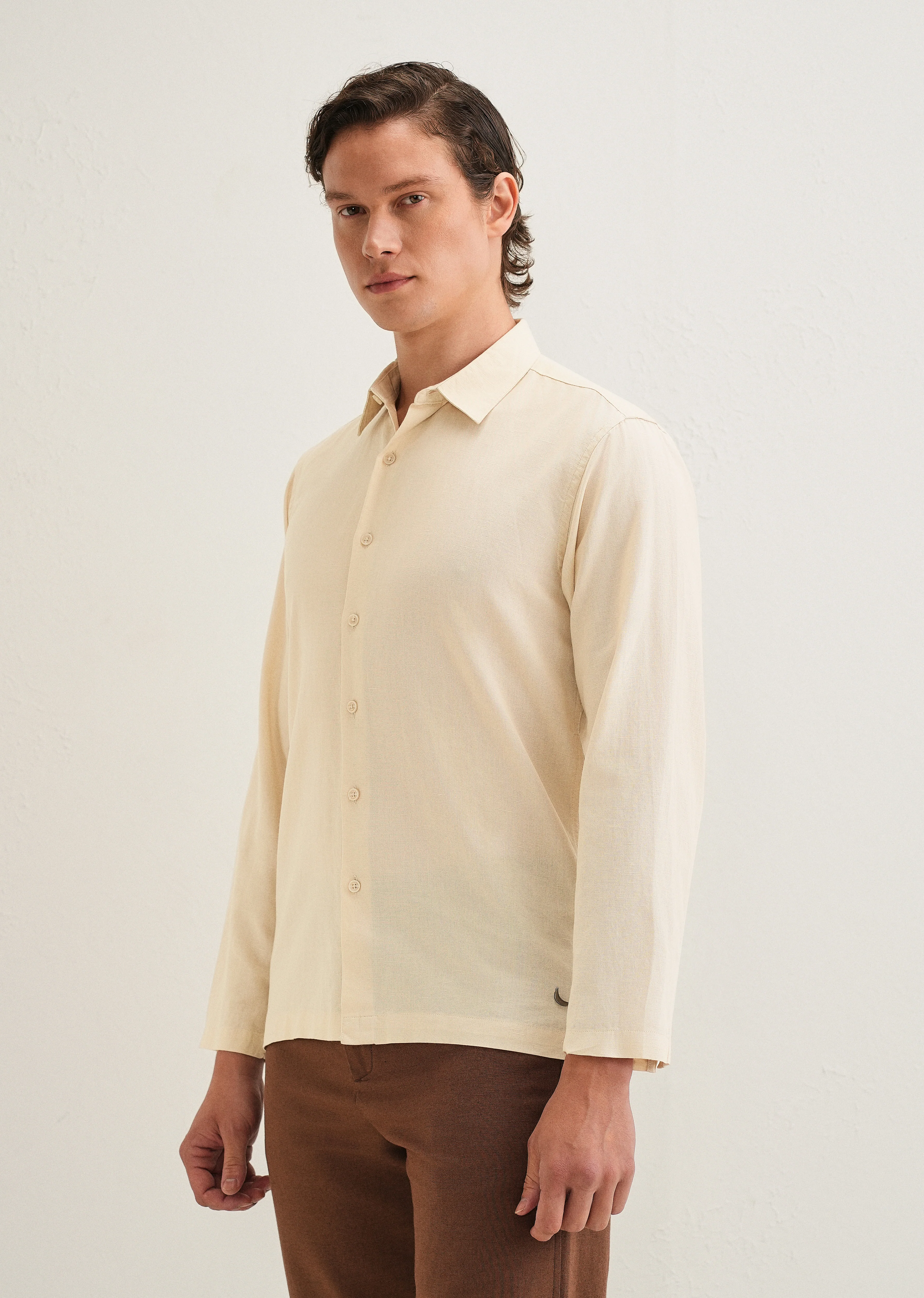 Beige Hidden Sleeve Placket Cotton Linen Shirt - Image 5