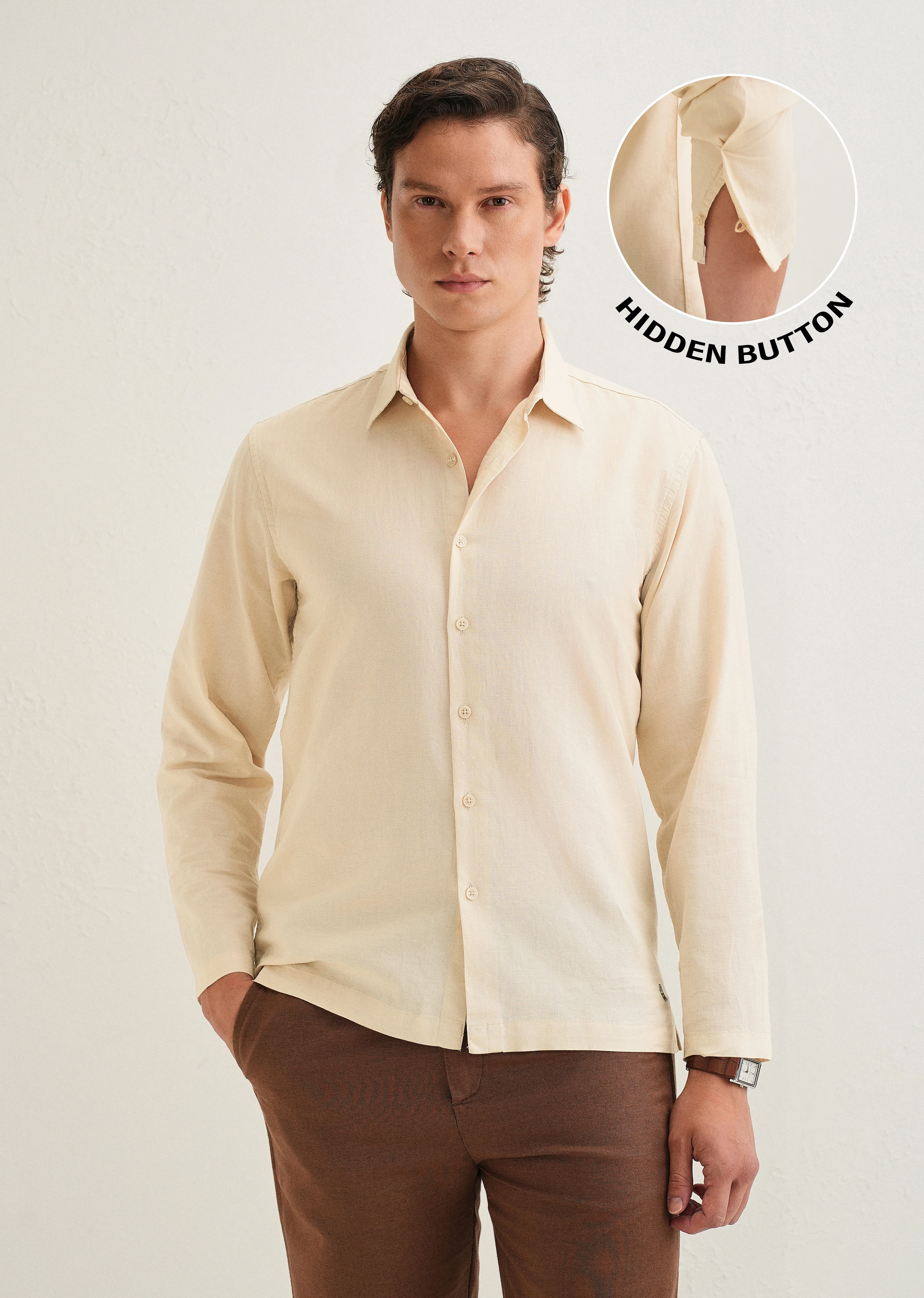 Beige Hidden Sleeve Placket Cotton Linen Shirt - Image 9