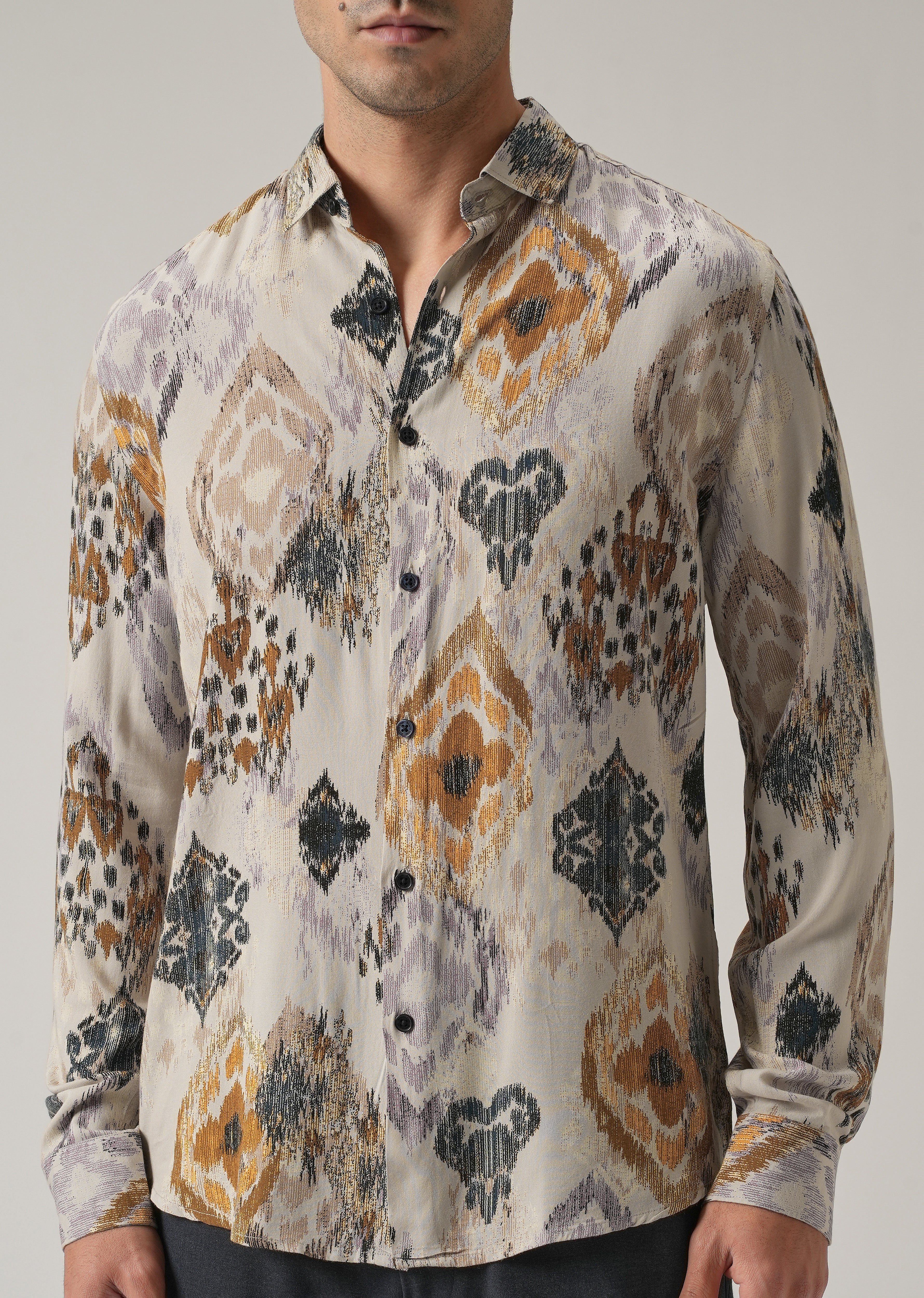 Beige Ikat Motif Print Feather Shirt - Image 7