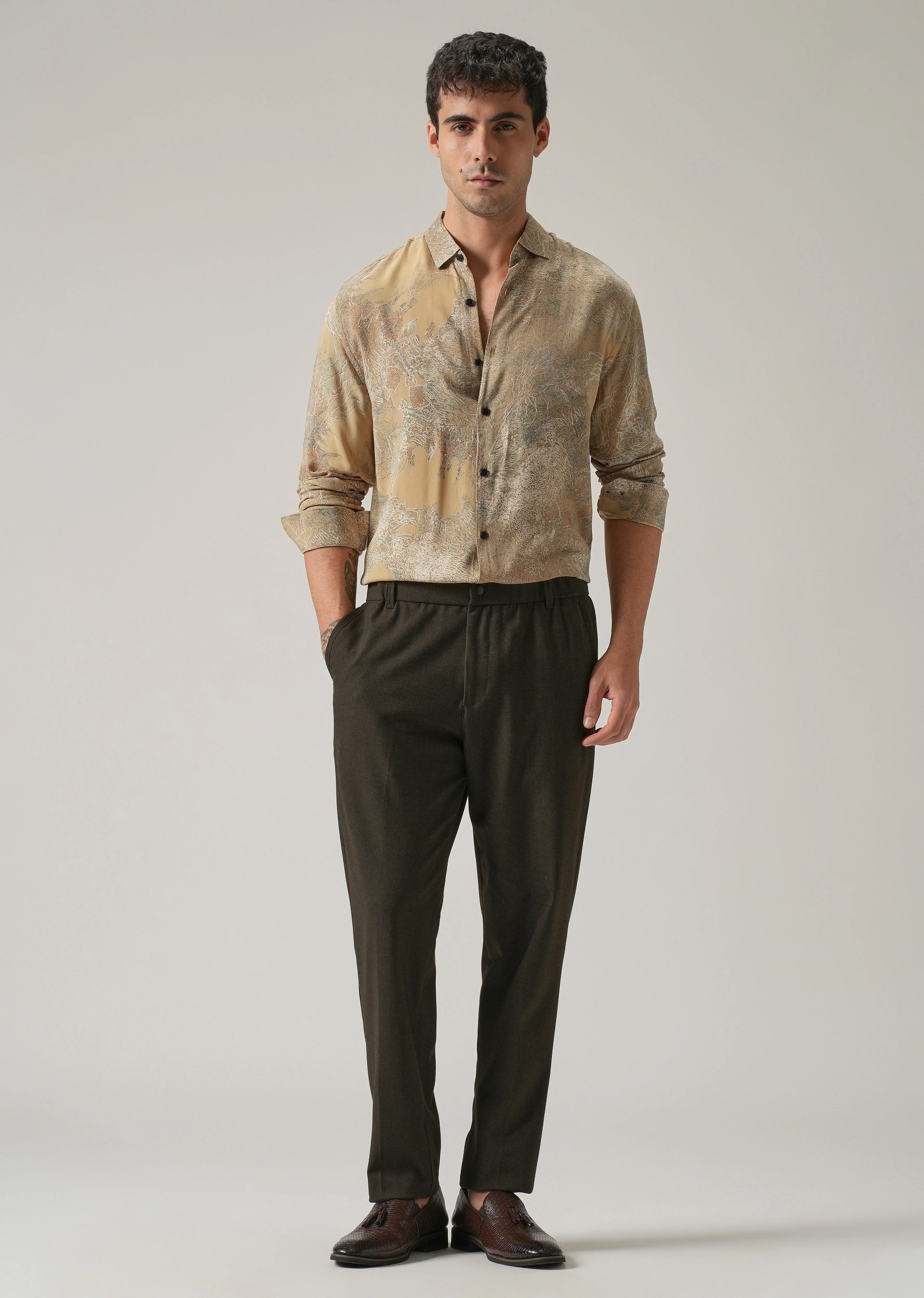 Beige Intricate Print Feather Shirt - Image 6