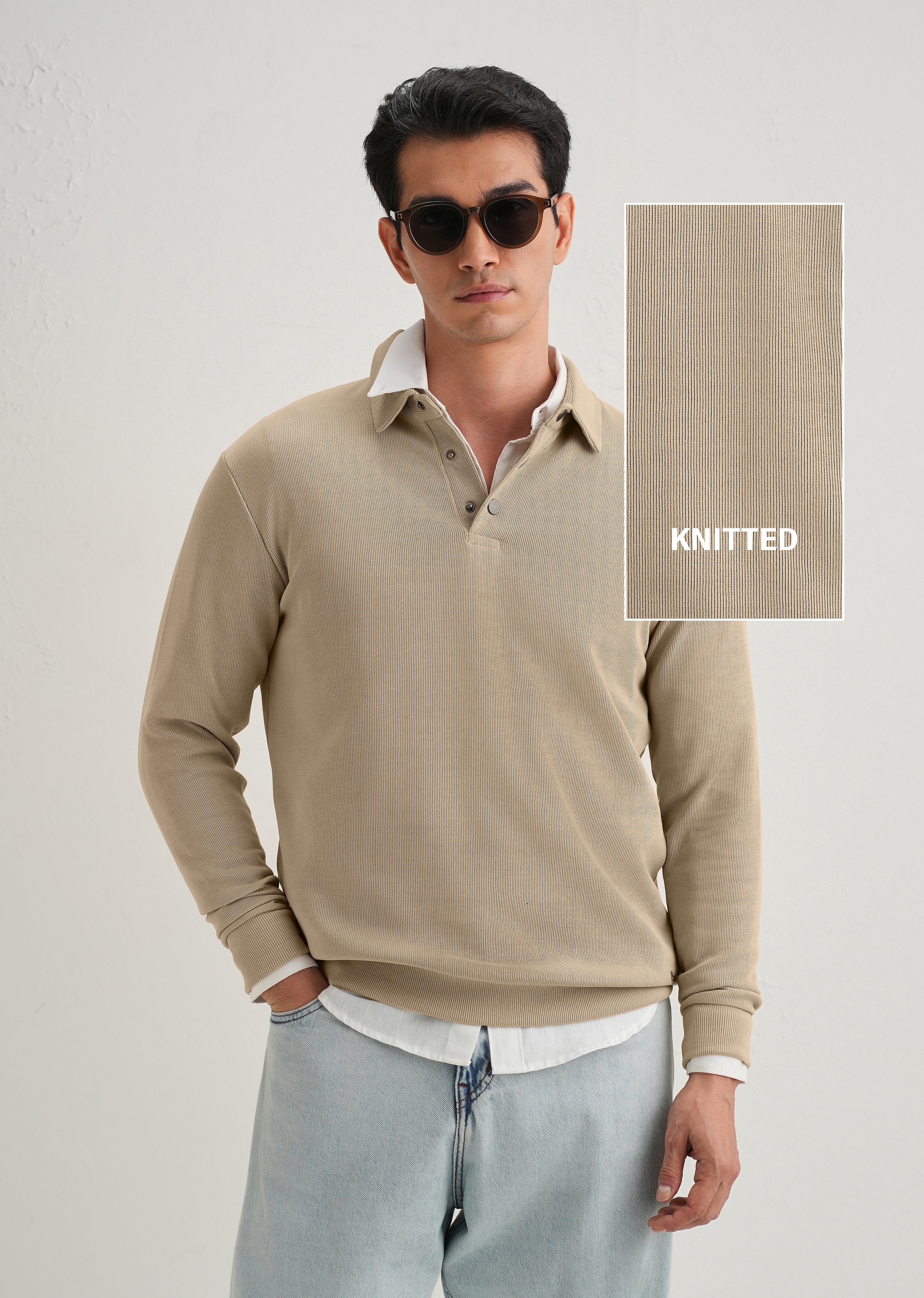 Beige Knitted Polo Sweatshirt - Image 3