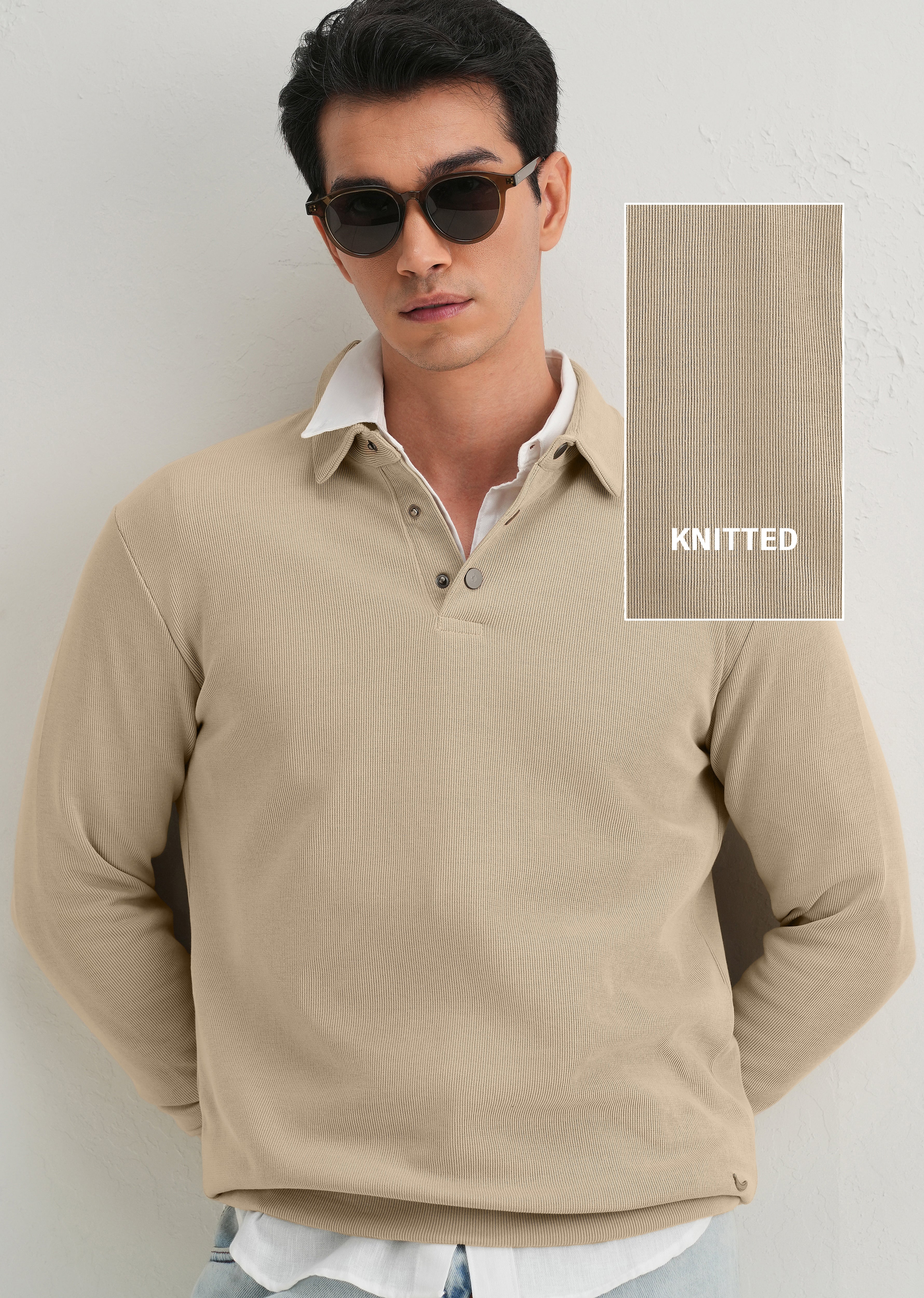 Beige Knitted Polo Sweatshirt - Image 9