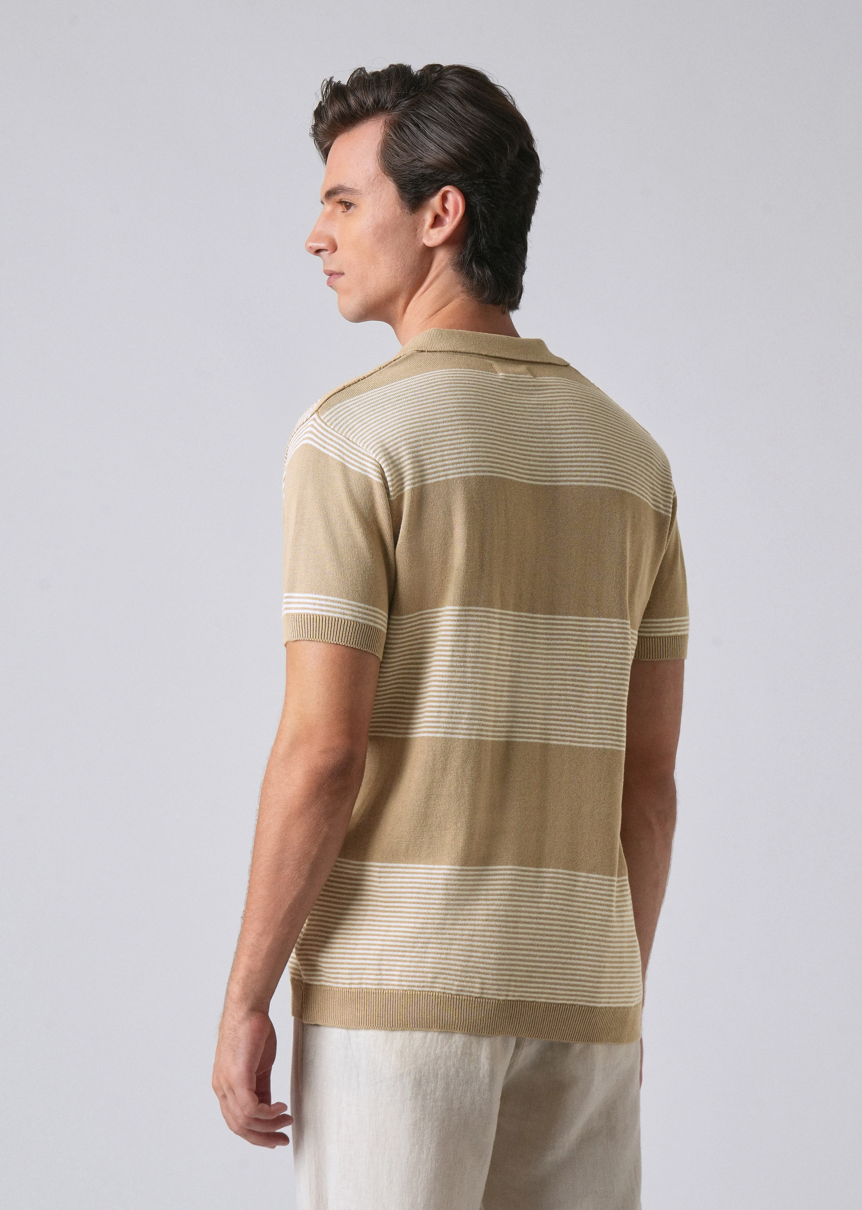 Beige Knitted Polo Zipper T-shirt - Image 2