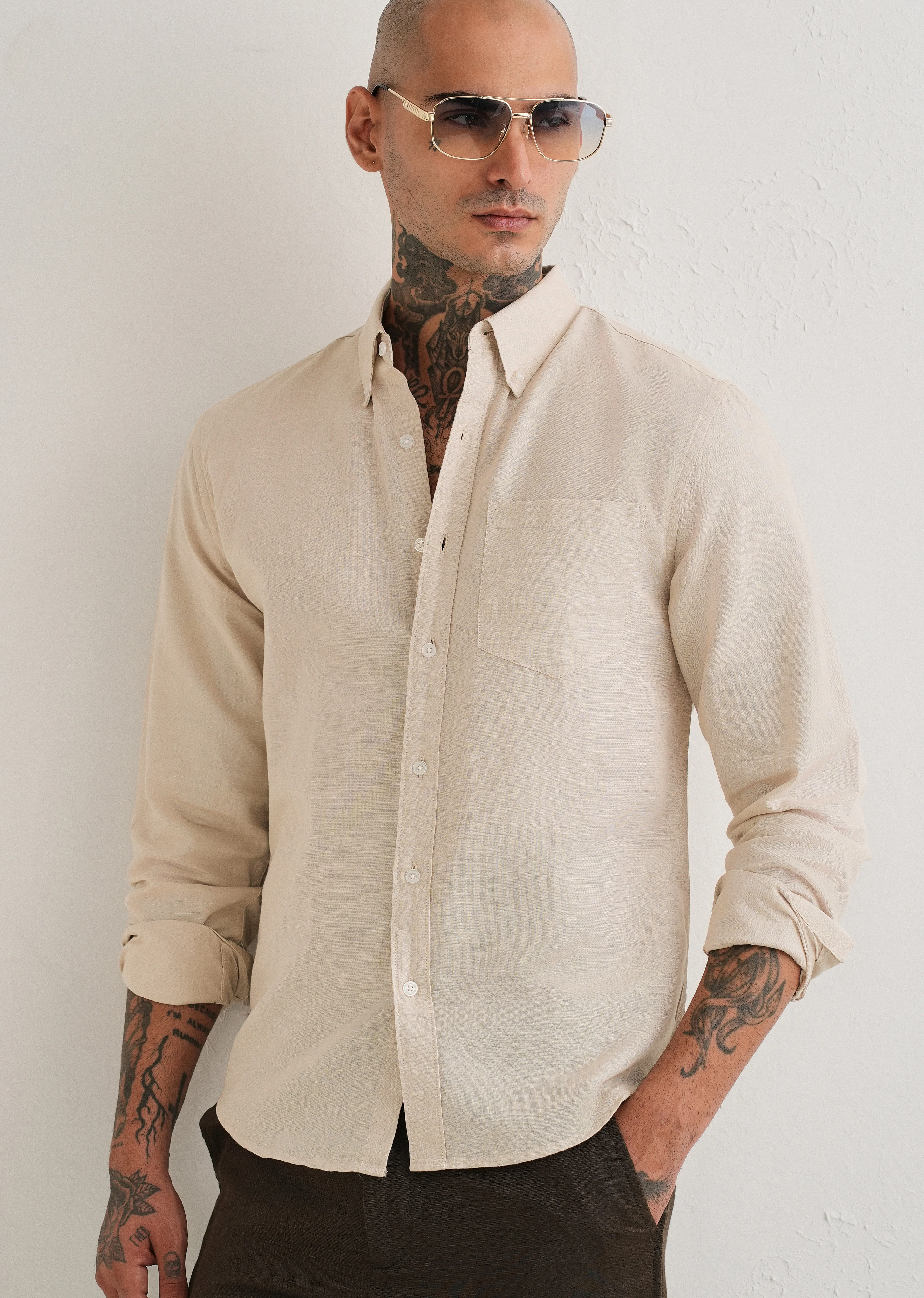 Beige Cotton Linen Shirt - Image 7