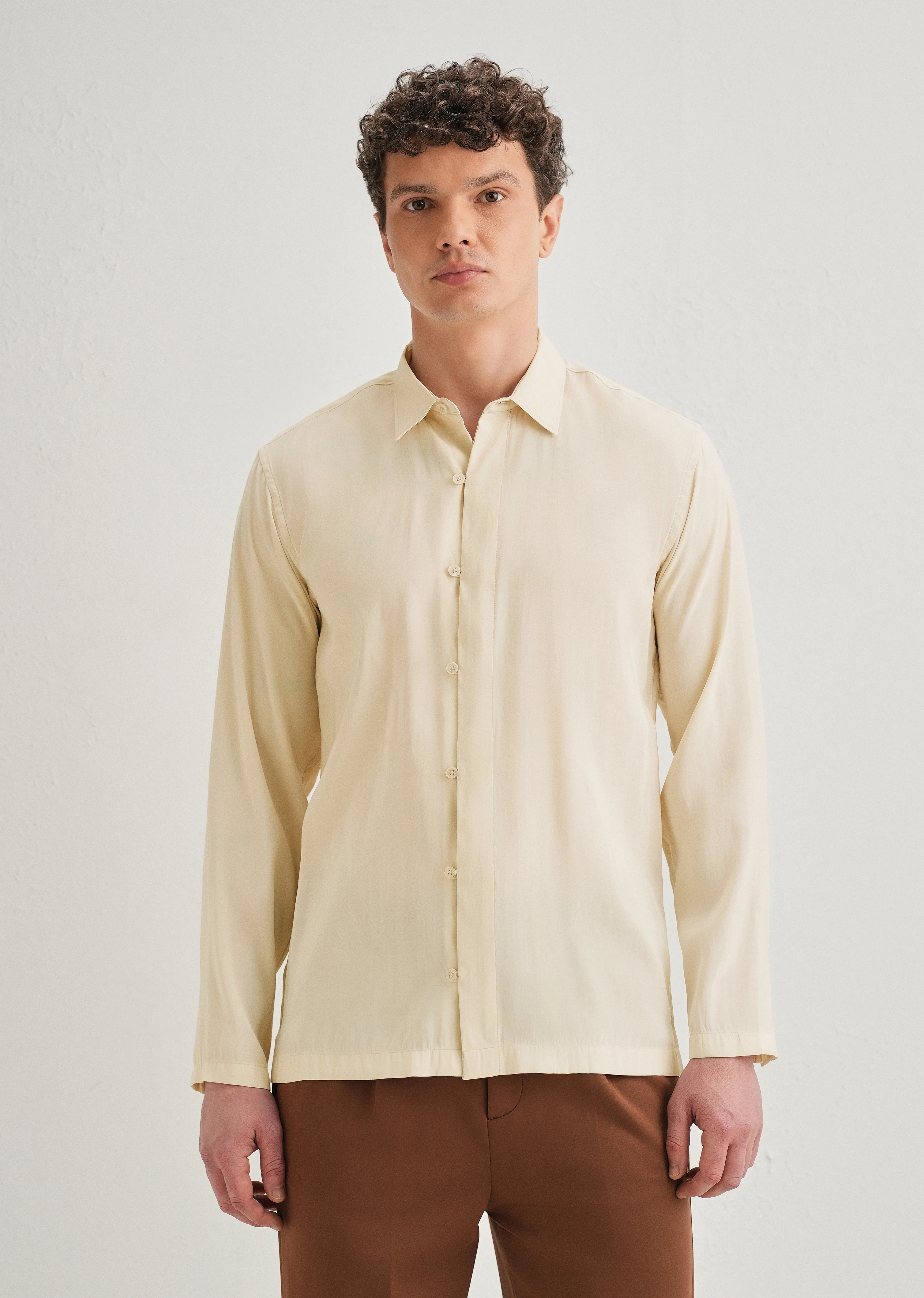 Beige Loop Button-Down Plain Shirt - Image 3